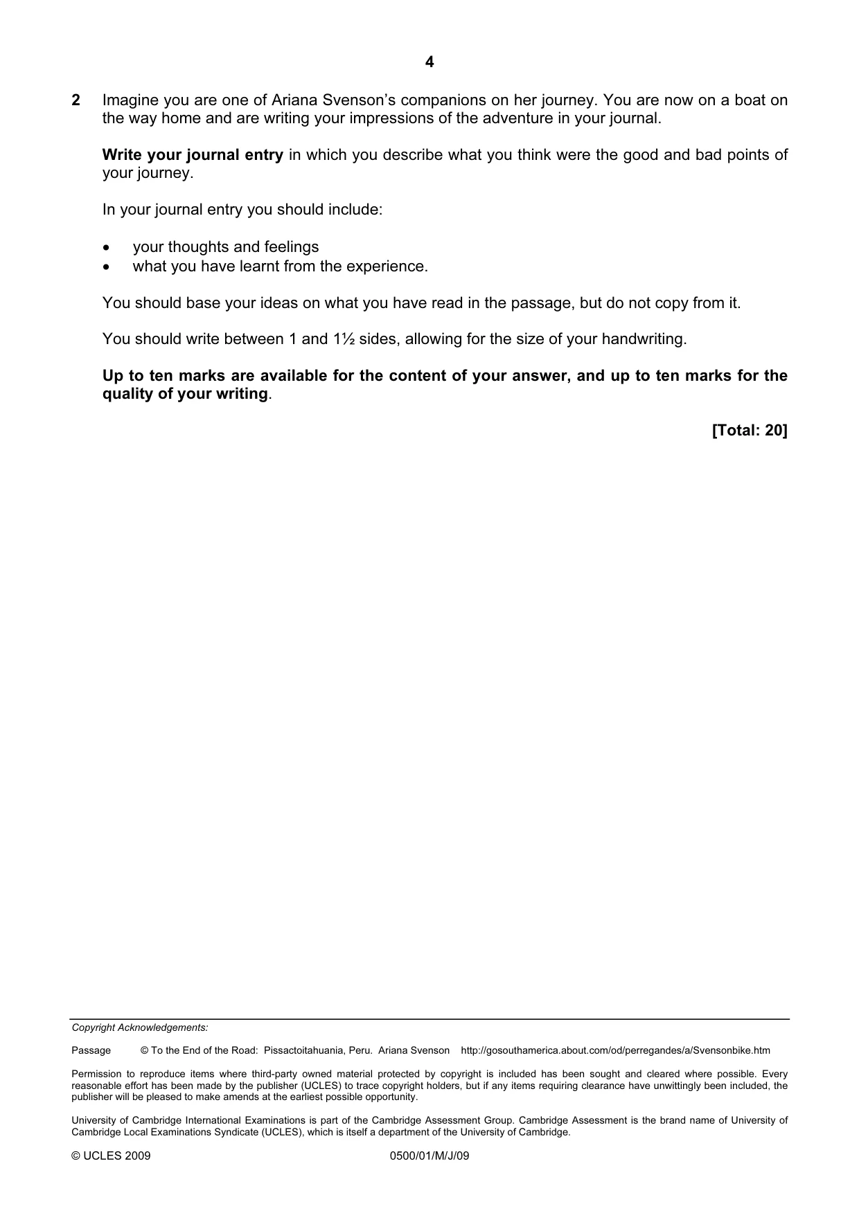 Cambridge IGCSE English - First Language 0500 2009 May/June Paper 1 · Variant 1 question paper, page 4 of 4