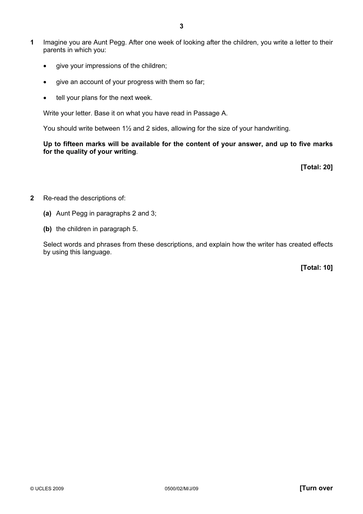 Cambridge IGCSE English - First Language 0500 2009 May/June Paper 2 · Variant 1 question paper, page 3 of 8