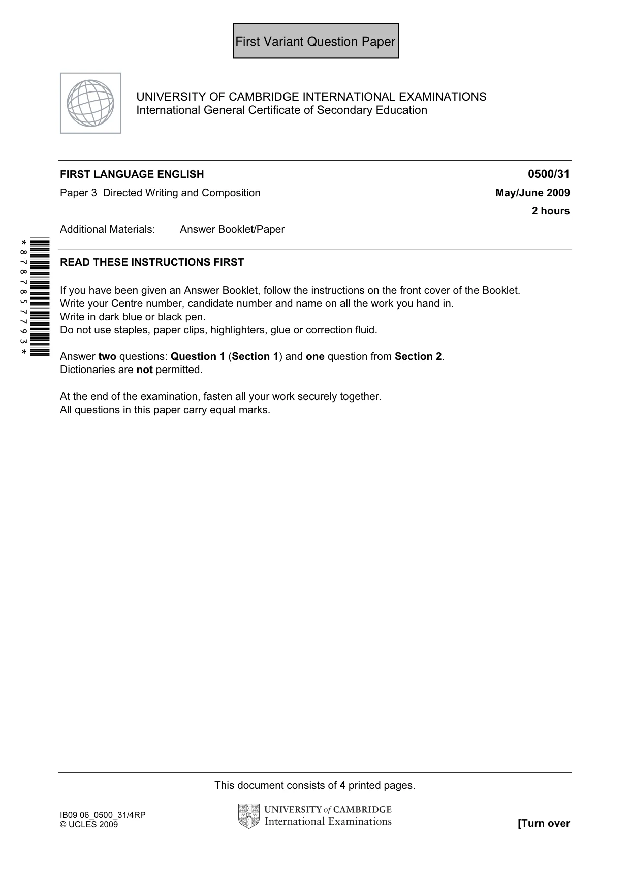 Cambridge IGCSE English - First Language 0500 2009 May/June Paper 3 · Variant 1 question paper, page 2 of 9