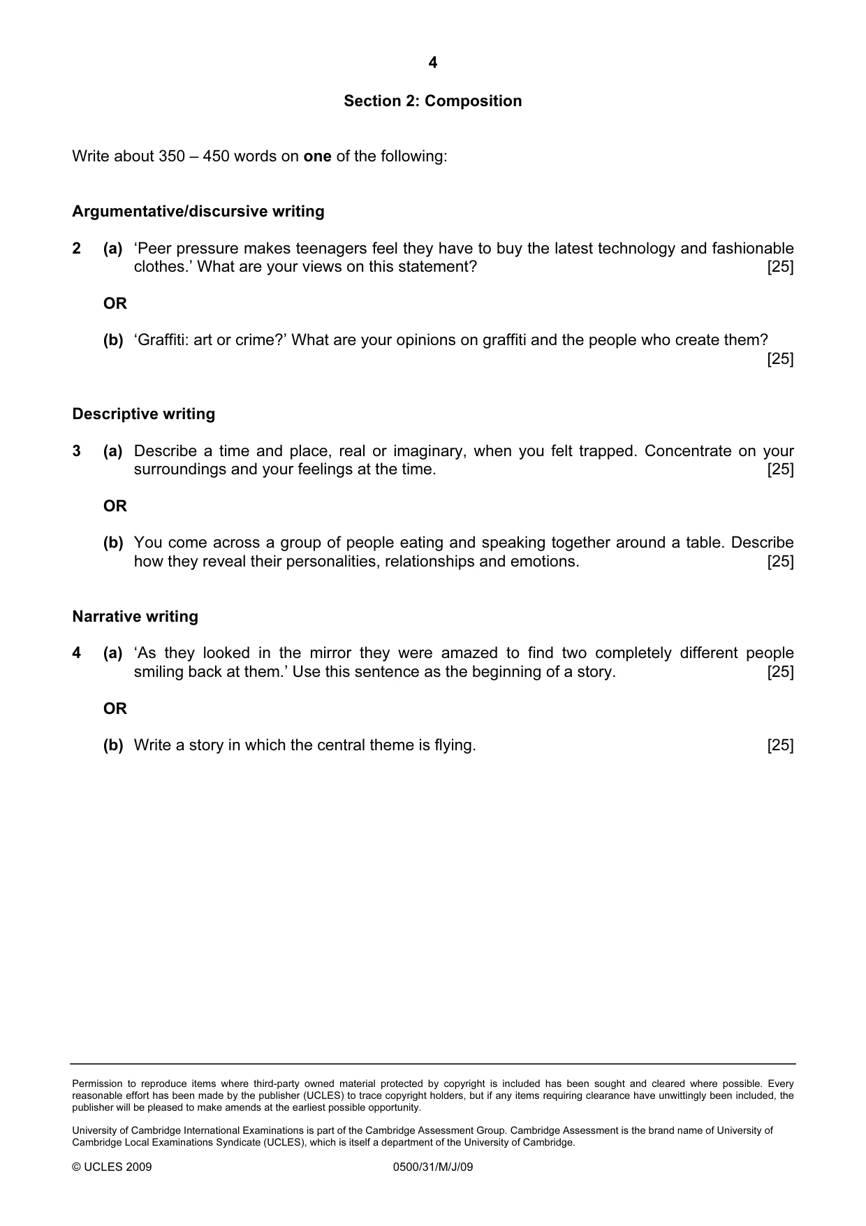 Cambridge IGCSE English - First Language 0500 2009 May/June Paper 3 · Variant 1 question paper, page 5 of 9
