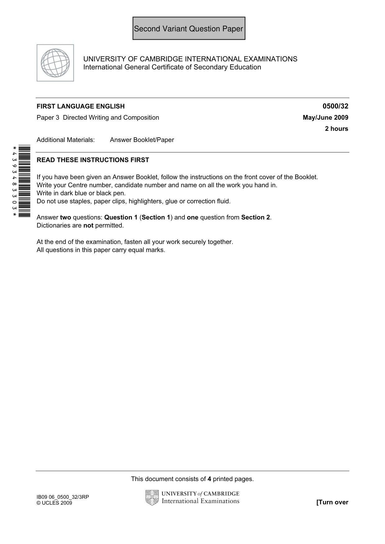 Cambridge IGCSE English - First Language 0500 2009 May/June Paper 3 · Variant 1 question paper, page 6 of 9