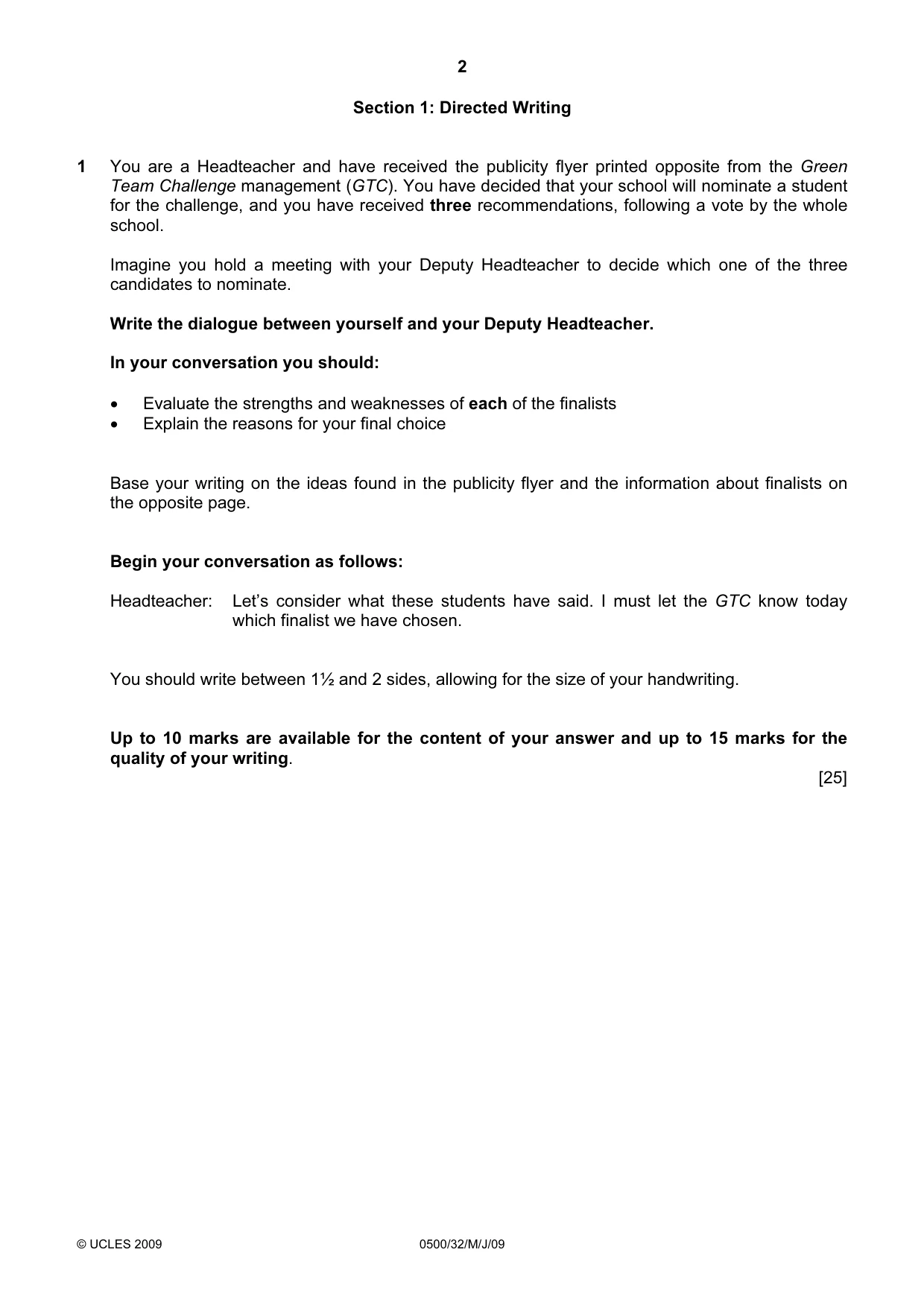 Cambridge IGCSE English - First Language 0500 2009 May/June Paper 3 · Variant 1 question paper, page 7 of 9