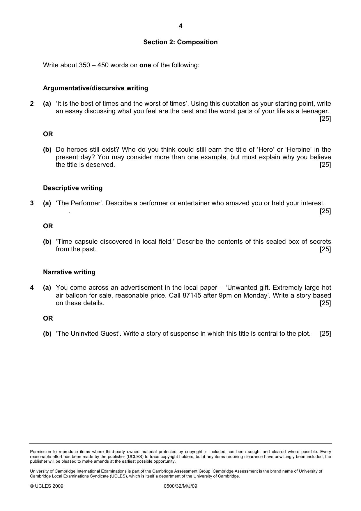 Cambridge IGCSE English - First Language 0500 2009 May/June Paper 3 · Variant 1 question paper, page 9 of 9