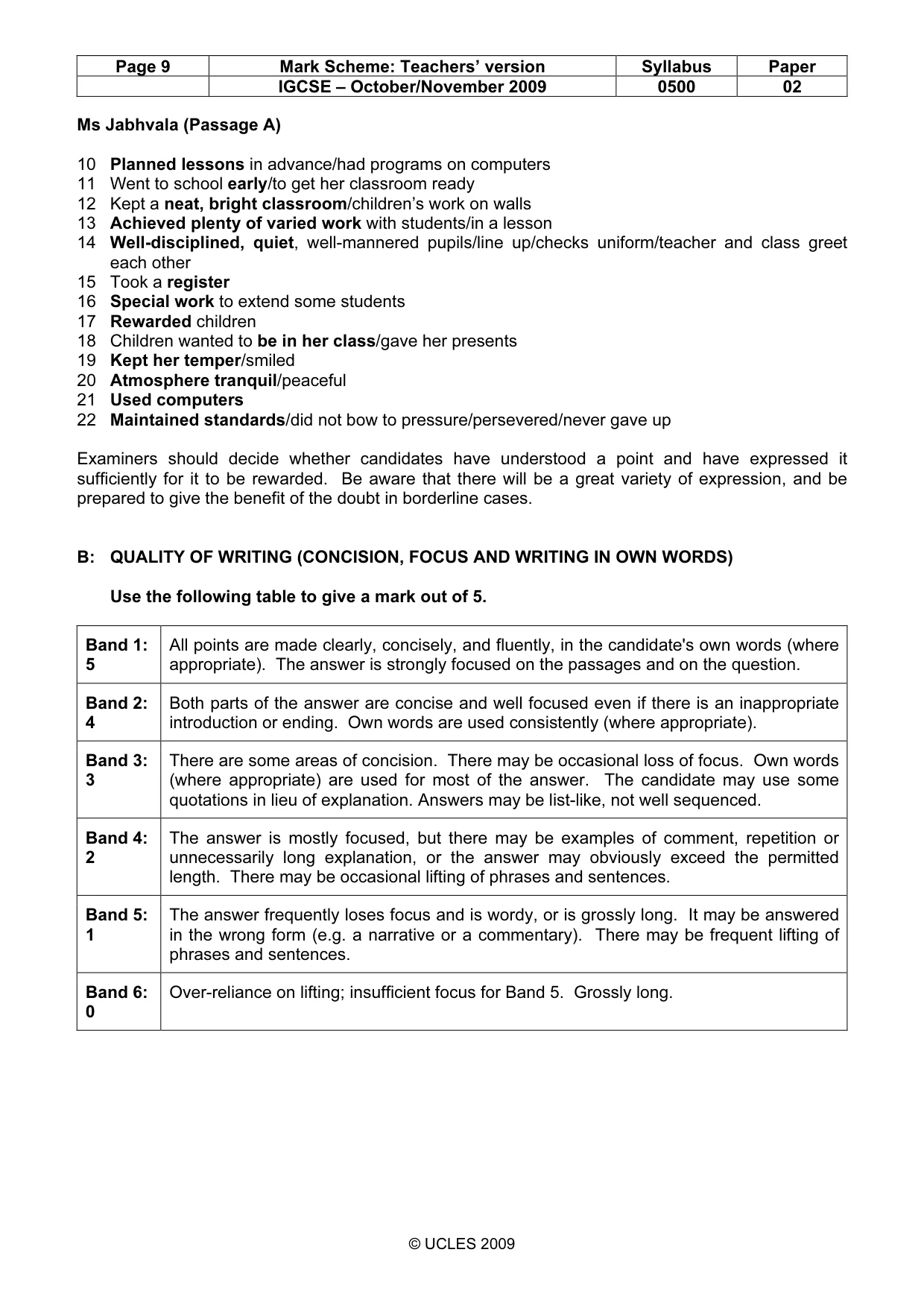 Mark scheme, page 9 of 10