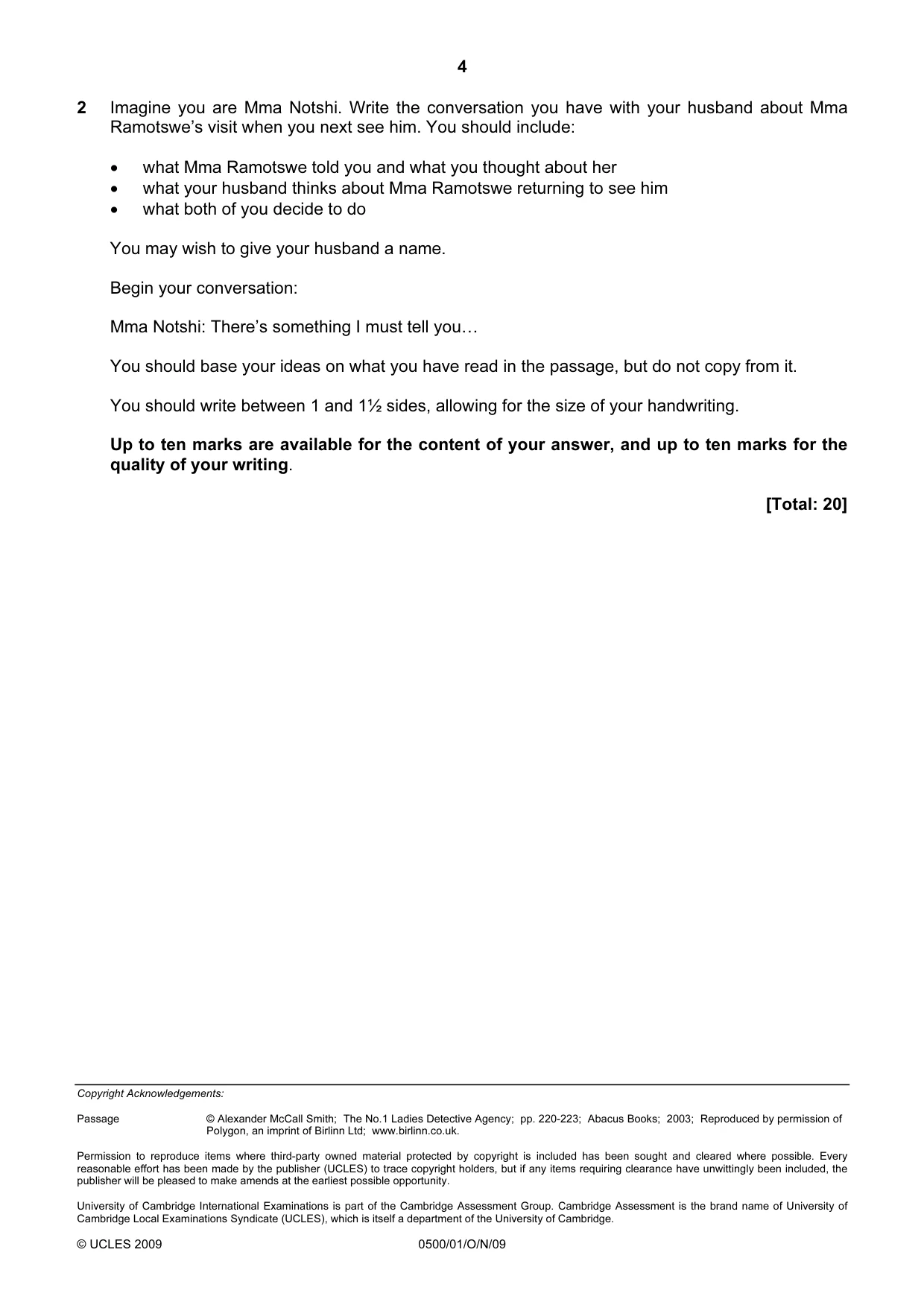 Cambridge IGCSE English - First Language 0500 2009 Oct/Nov Paper 1 · Variant 1 question paper, page 4 of 4