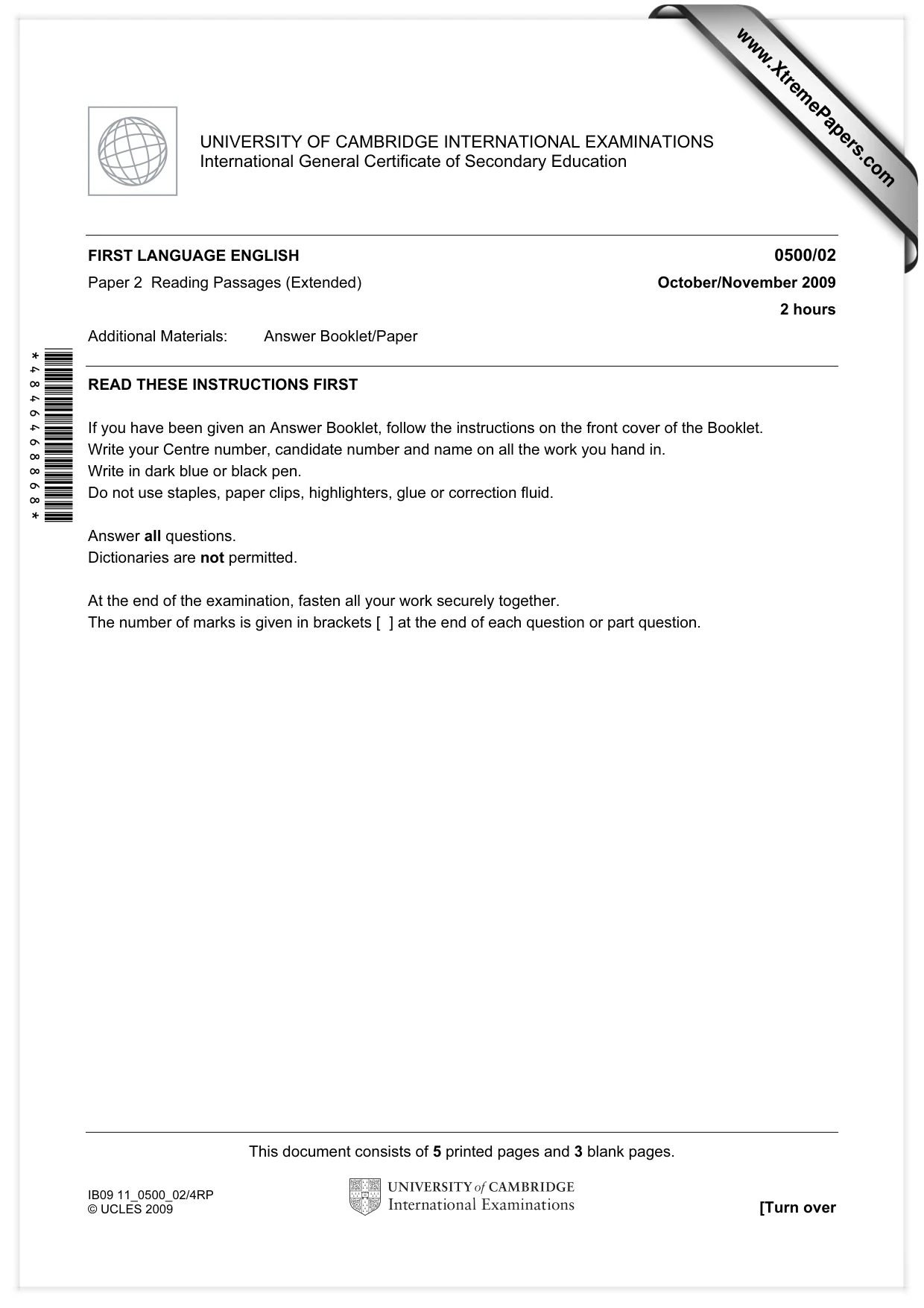 Cambridge IGCSE English - First Language 0500 2009 Oct/Nov Paper 2 · Variant 1 question paper, page 1 of 8