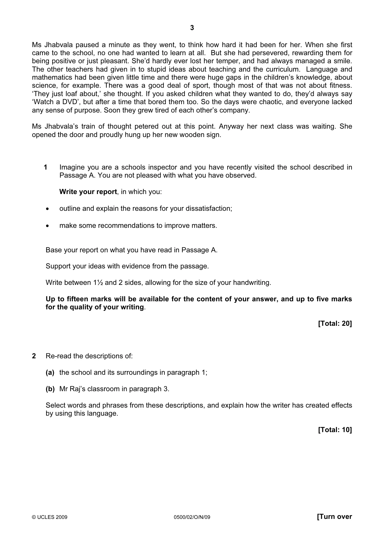 Cambridge IGCSE English - First Language 0500 2009 Oct/Nov Paper 2 · Variant 1 question paper, page 3 of 8
