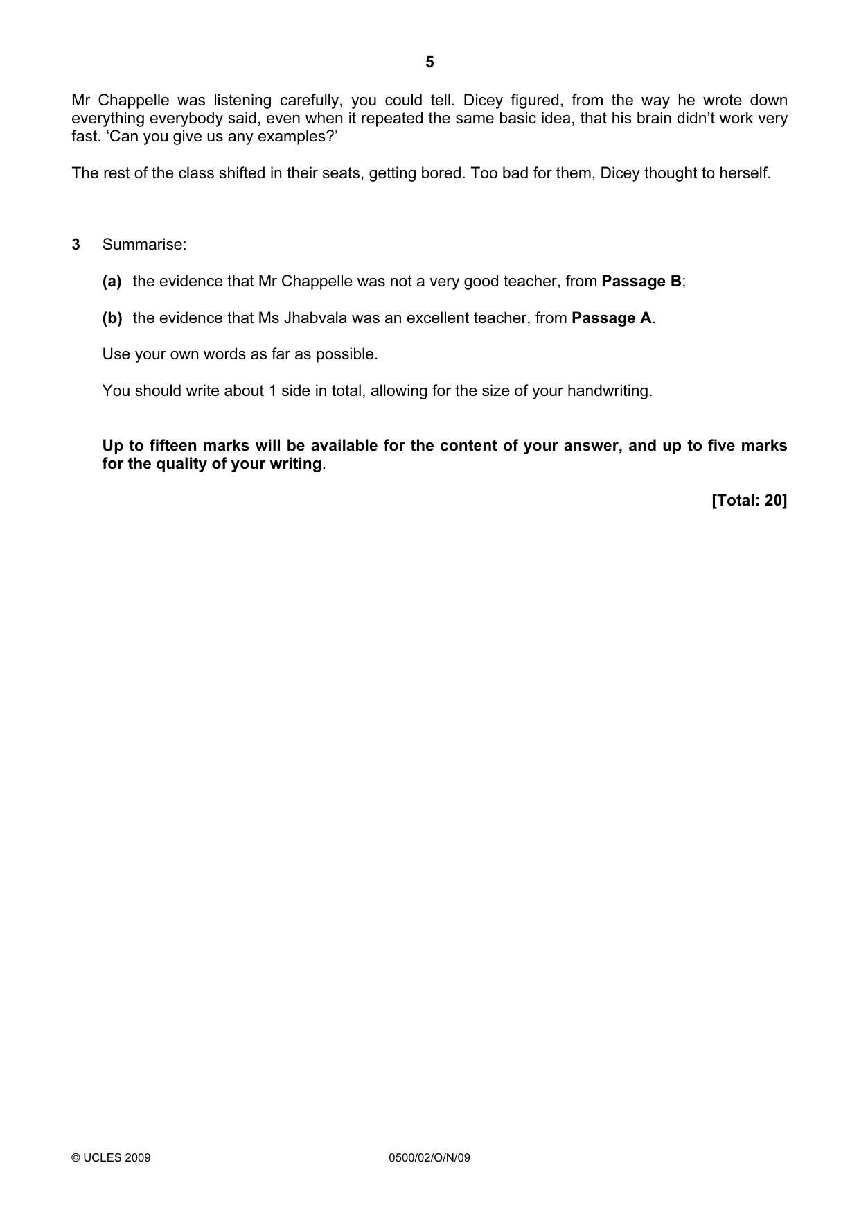 Cambridge IGCSE English - First Language 0500 2009 Oct/Nov Paper 2 · Variant 1 question paper, page 5 of 8