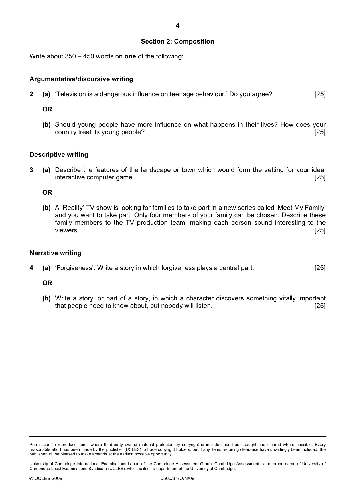 Cambridge IGCSE English - First Language 0500 2009 Oct/Nov Paper 3 · Variant 1 question paper, page 4 of 4