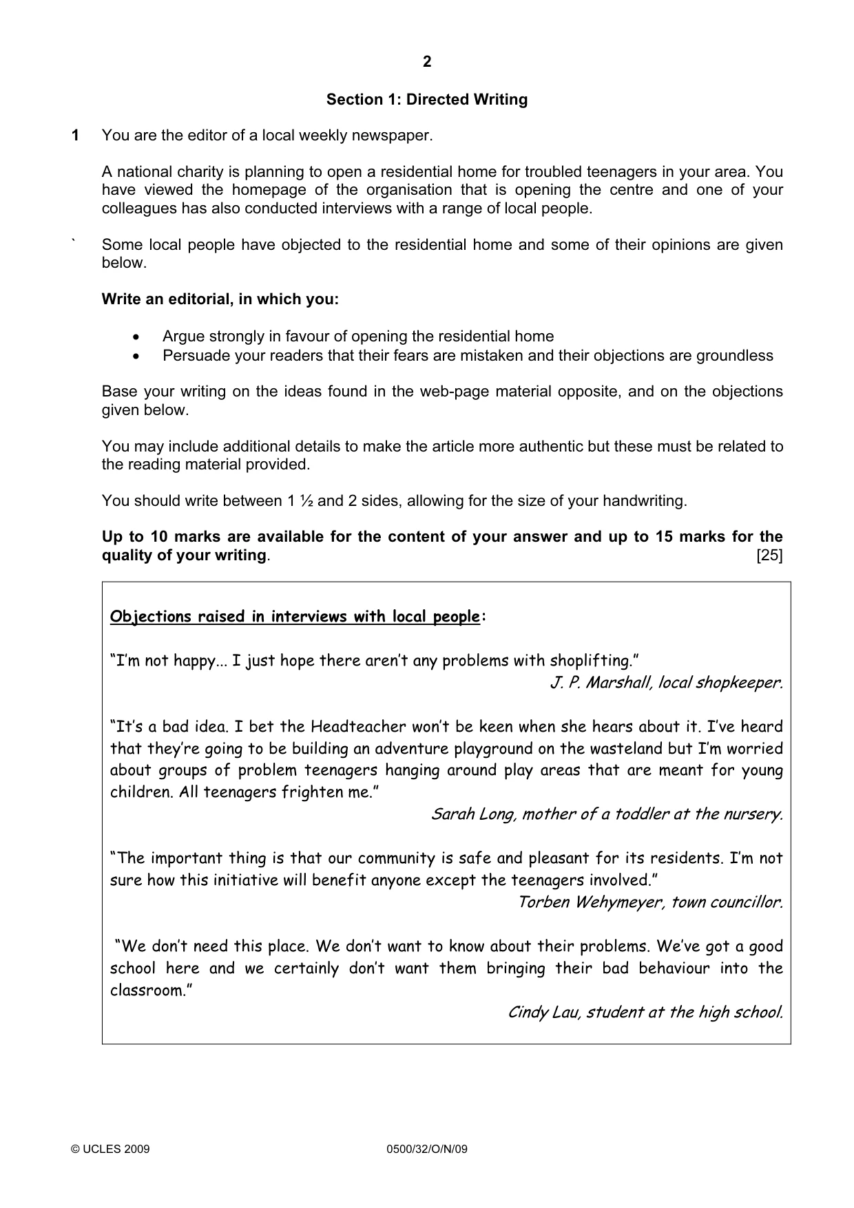 Cambridge IGCSE English - First Language 0500 2009 Oct/Nov Paper 3 · Variant 2 question paper, page 2 of 4