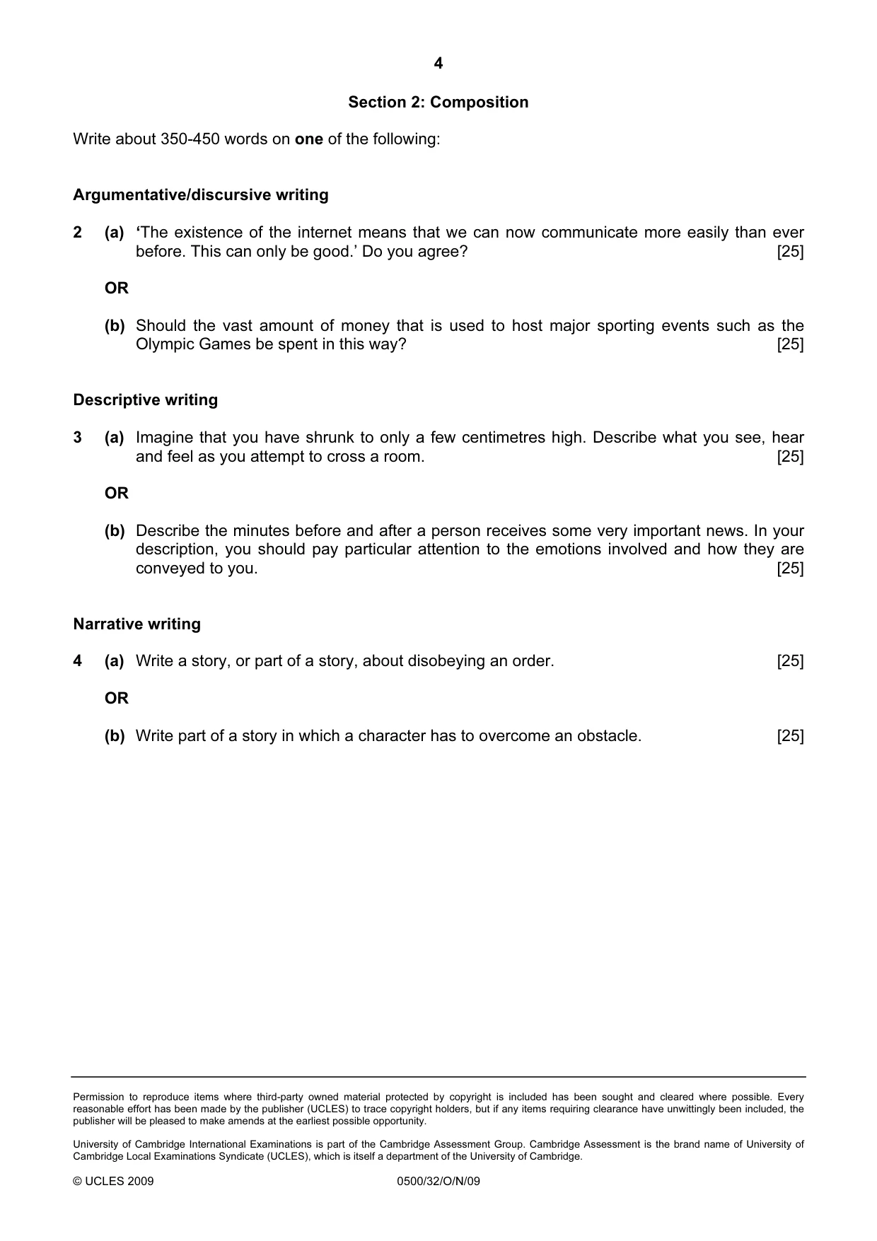 Cambridge IGCSE English - First Language 0500 2009 Oct/Nov Paper 3 · Variant 2 question paper, page 4 of 4