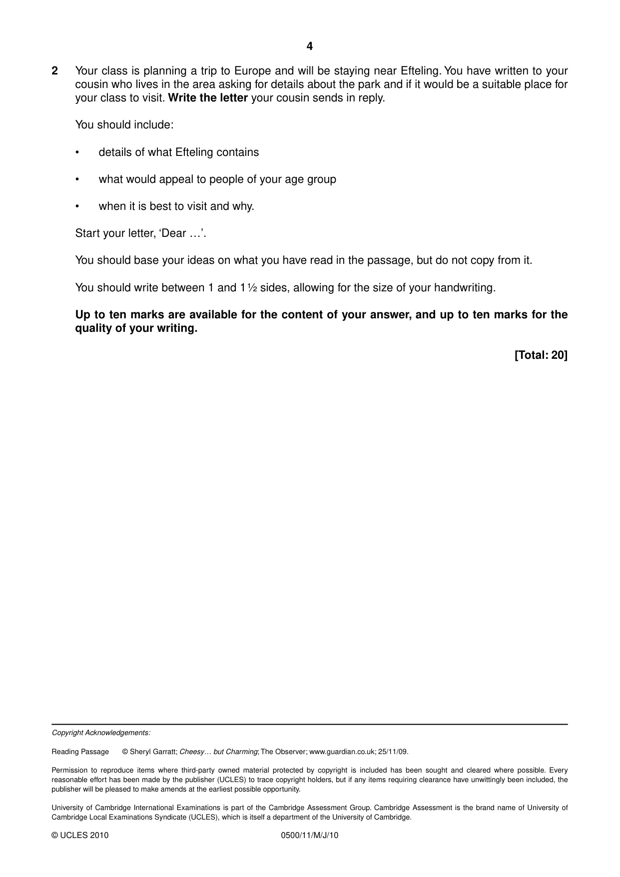 Cambridge IGCSE English - First Language 0500 2010 May/June Paper 1 · Variant 1 question paper, page 4 of 4