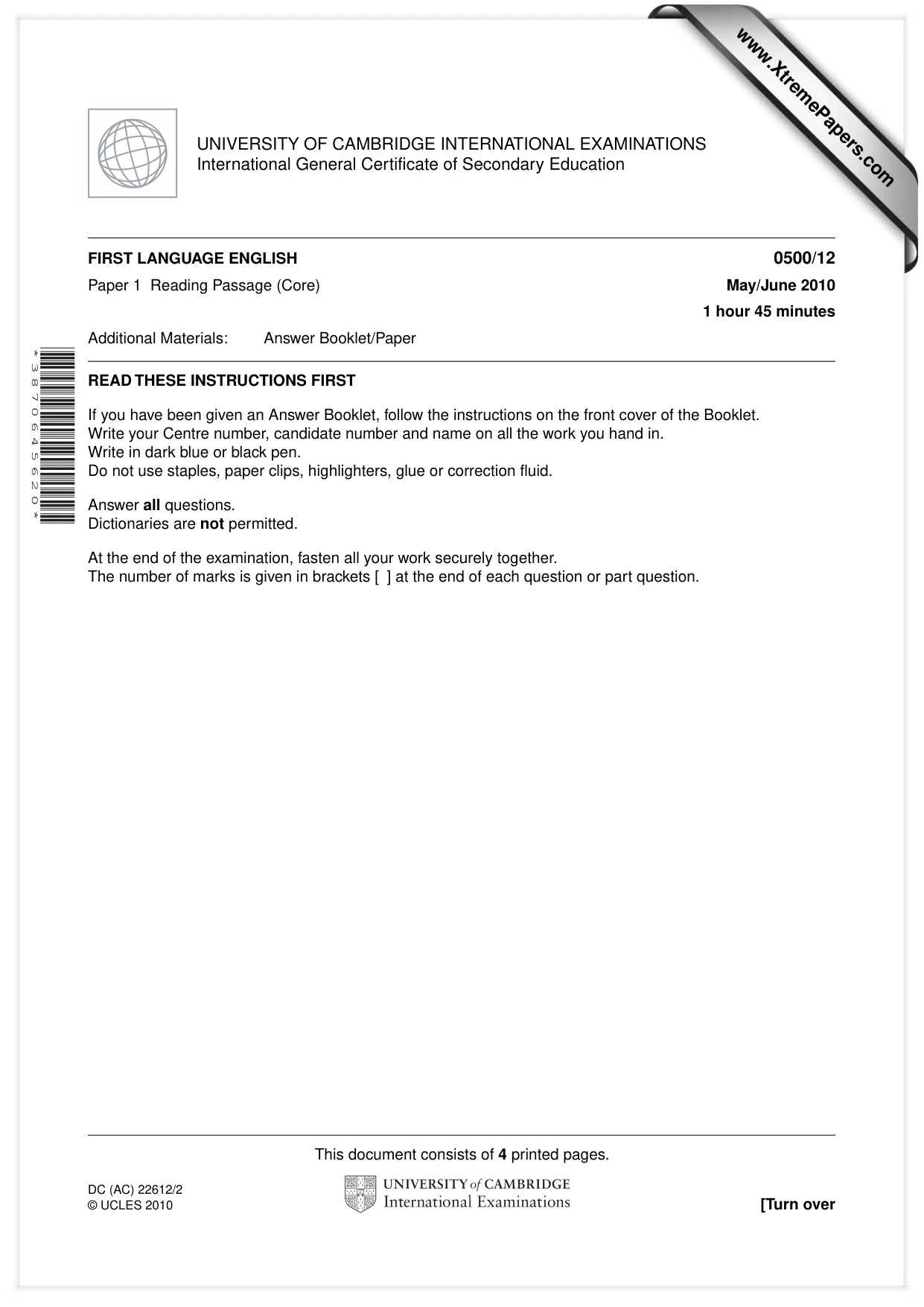 Cambridge IGCSE English - First Language 0500 2010 May/June Paper 1 · Variant 2 question paper, page 1 of 4