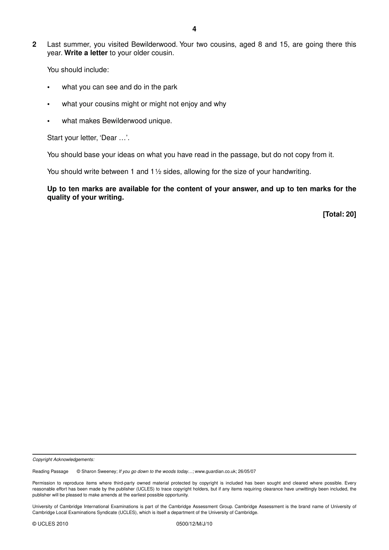 Cambridge IGCSE English - First Language 0500 2010 May/June Paper 1 · Variant 2 question paper, page 4 of 4