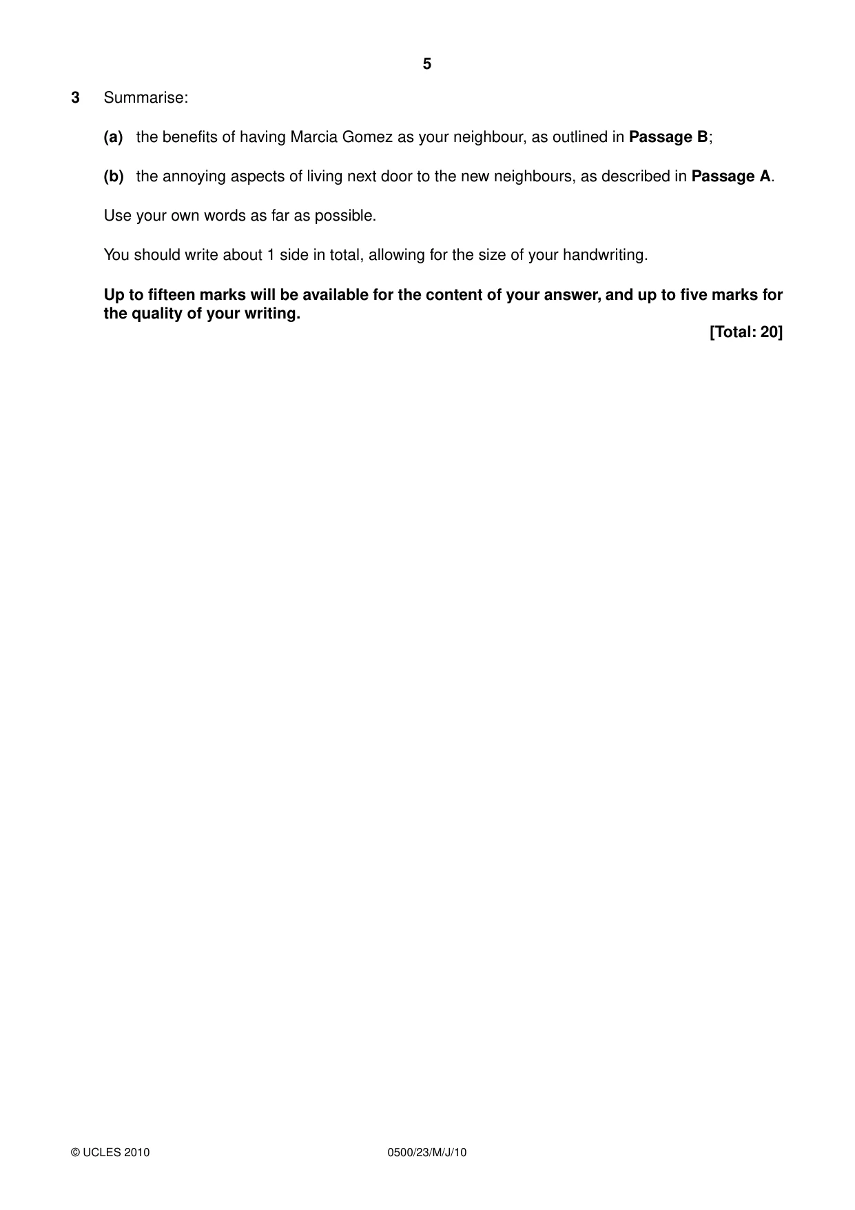 Cambridge IGCSE English - First Language 0500 2010 May/June Paper 2 · Variant 3 question paper, page 5 of 8