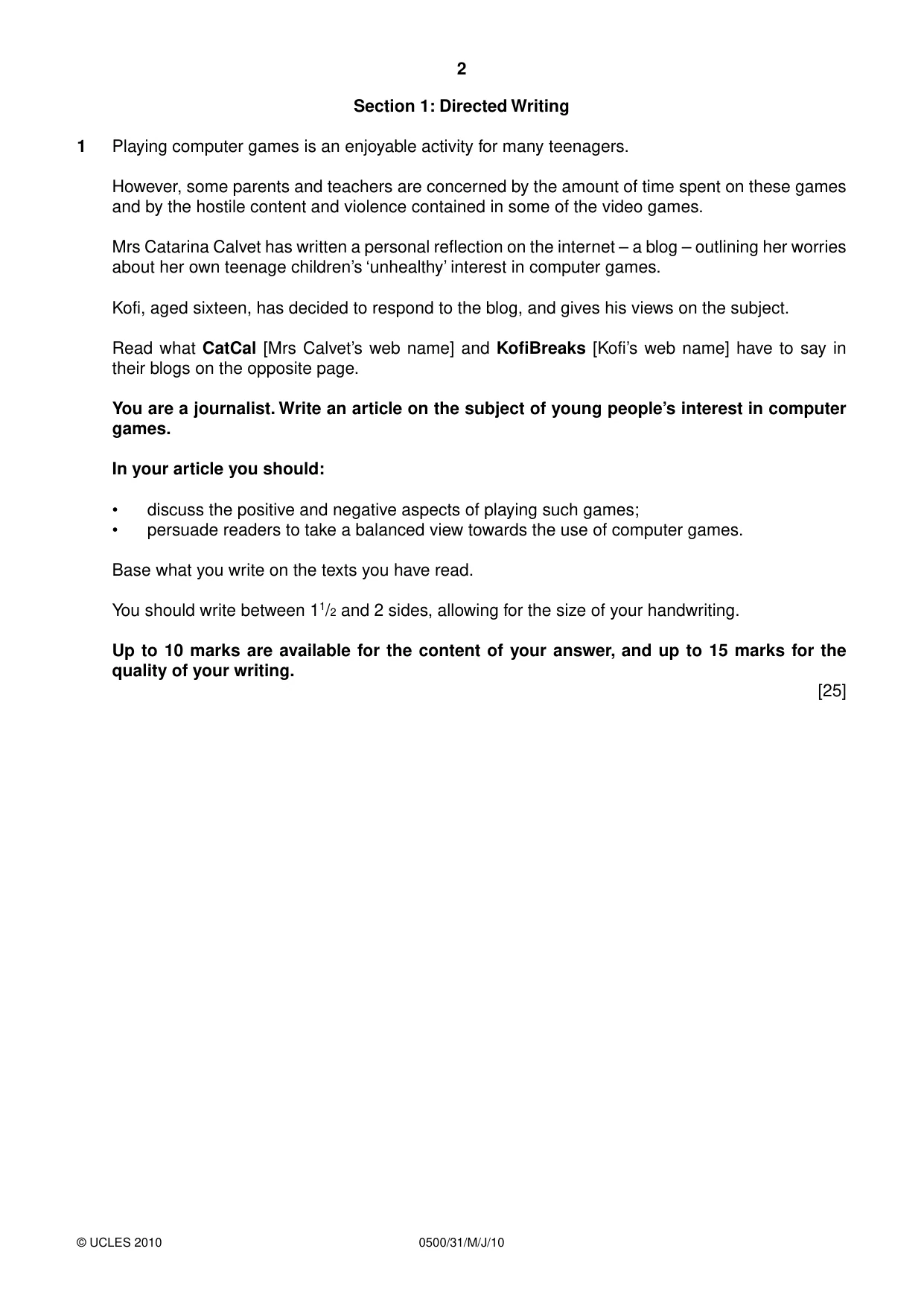 Cambridge IGCSE English - First Language 0500 2010 May/June Paper 3 · Variant 1 question paper, page 2 of 4