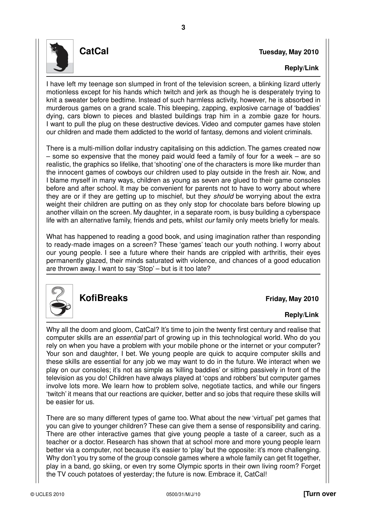 Cambridge IGCSE English - First Language 0500 2010 May/June Paper 3 · Variant 1 question paper, page 3 of 4