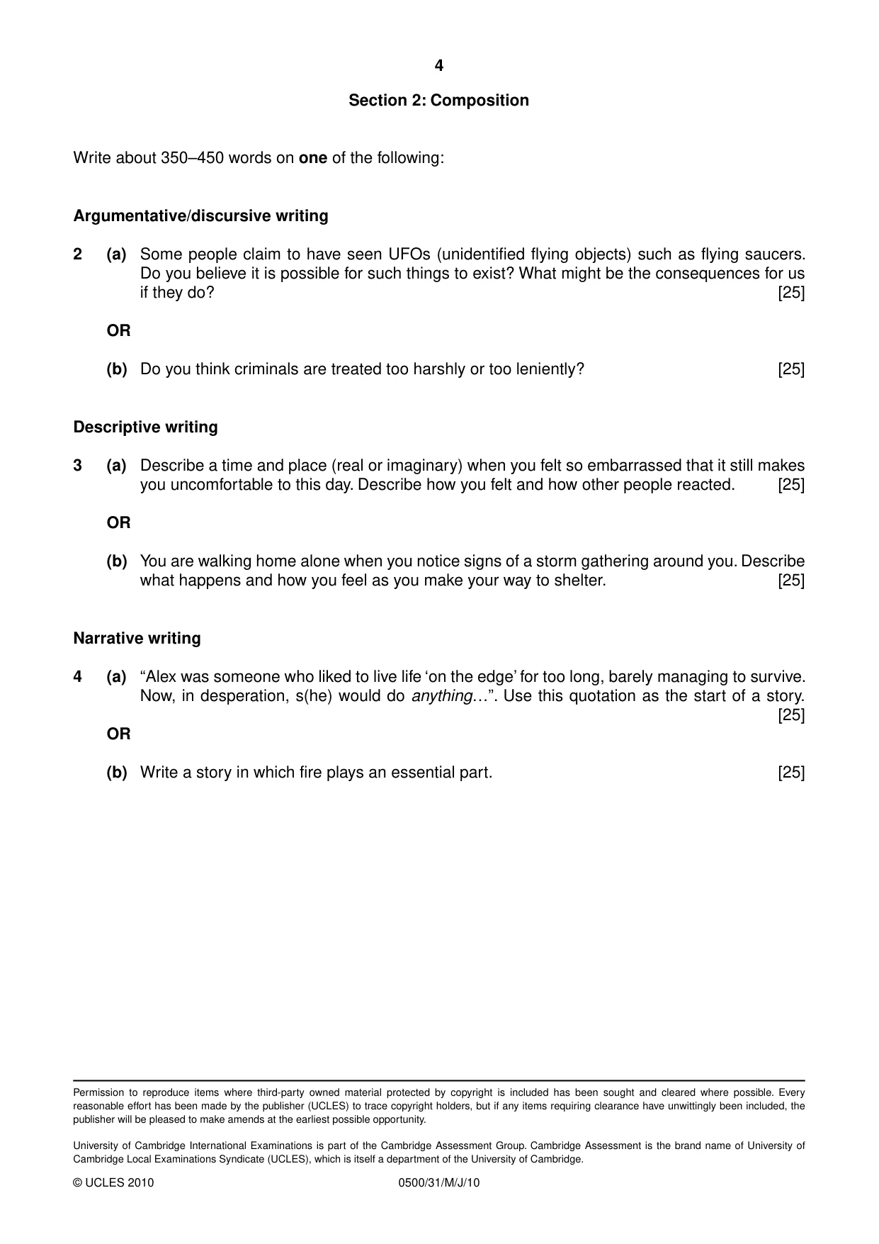 Cambridge IGCSE English - First Language 0500 2010 May/June Paper 3 · Variant 1 question paper, page 4 of 4