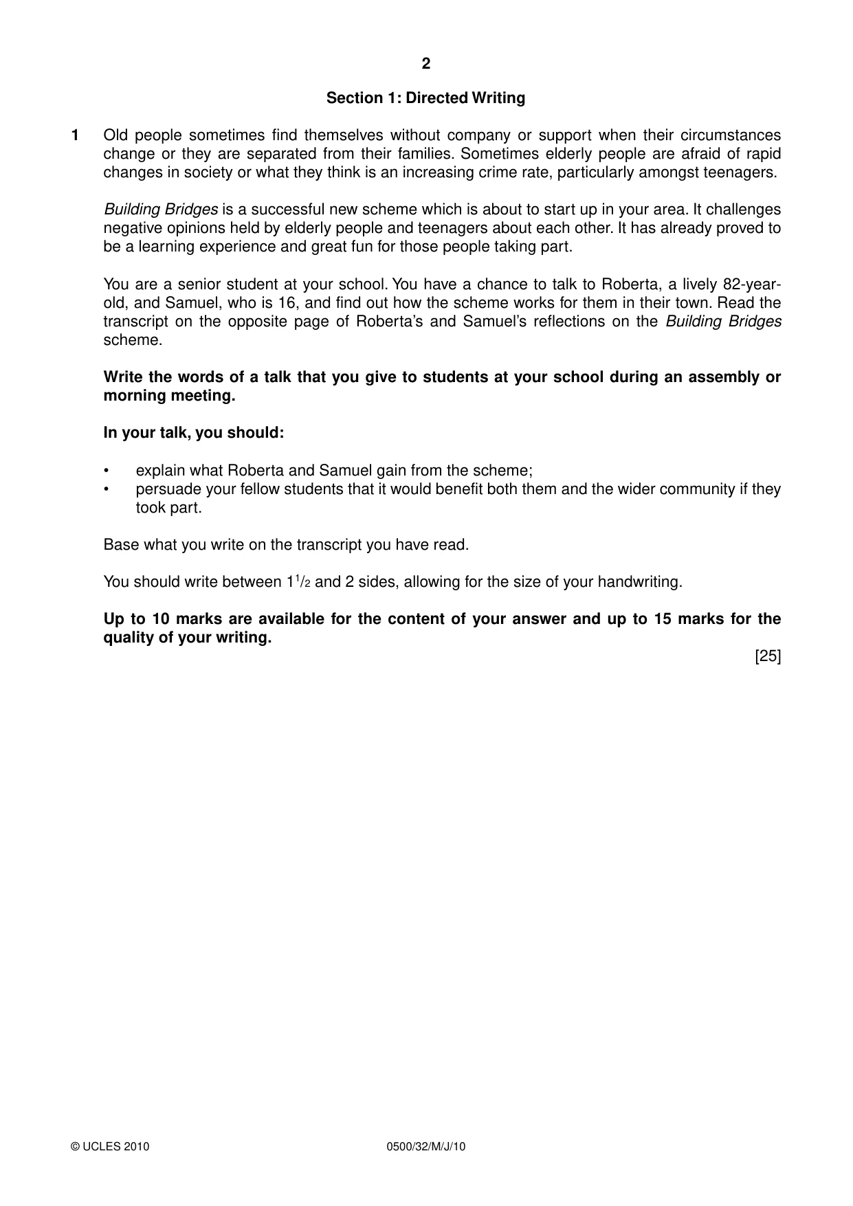 Cambridge IGCSE English - First Language 0500 2010 May/June Paper 3 · Variant 2 question paper, page 2 of 4