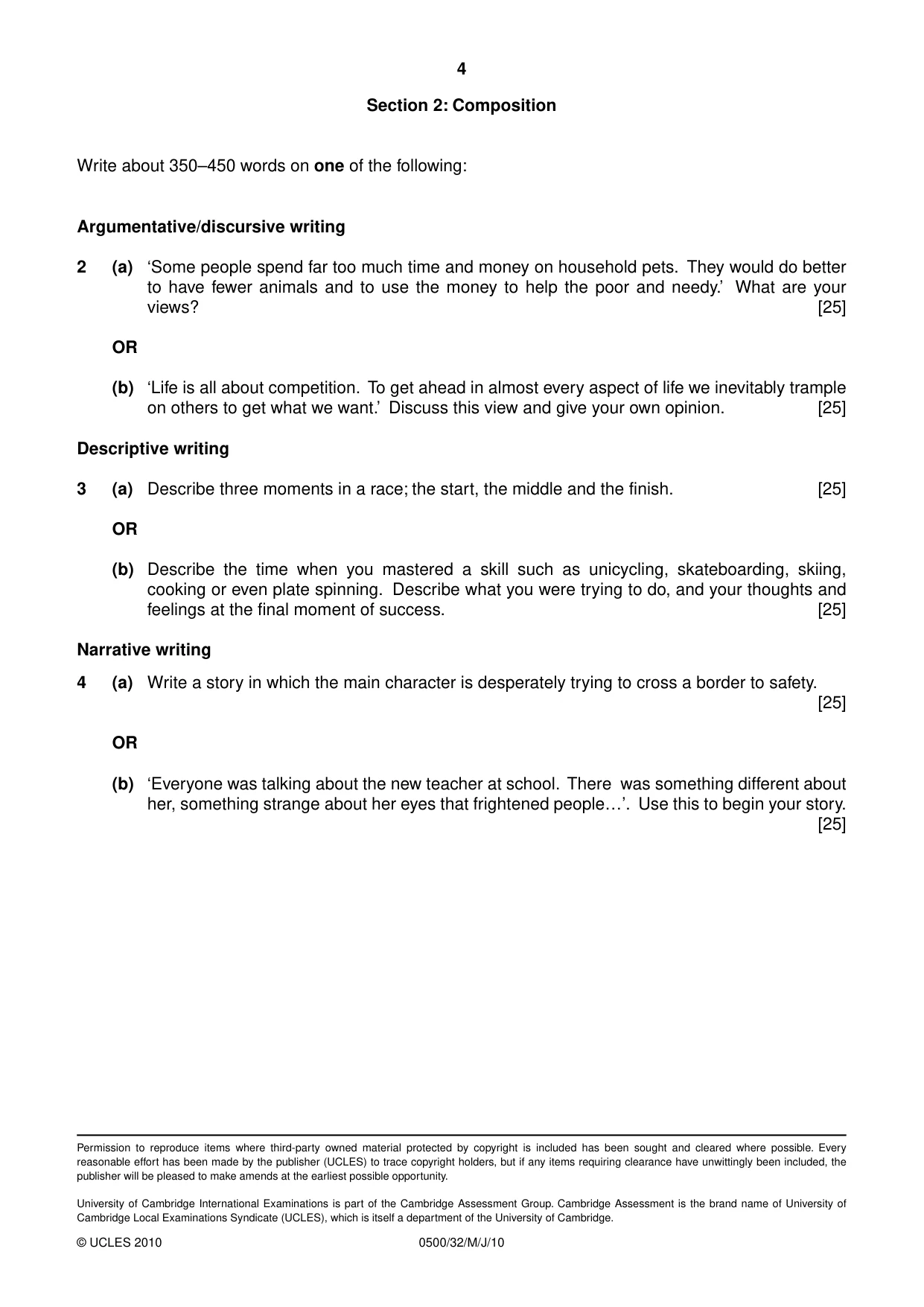 Cambridge IGCSE English - First Language 0500 2010 May/June Paper 3 · Variant 2 question paper, page 4 of 4