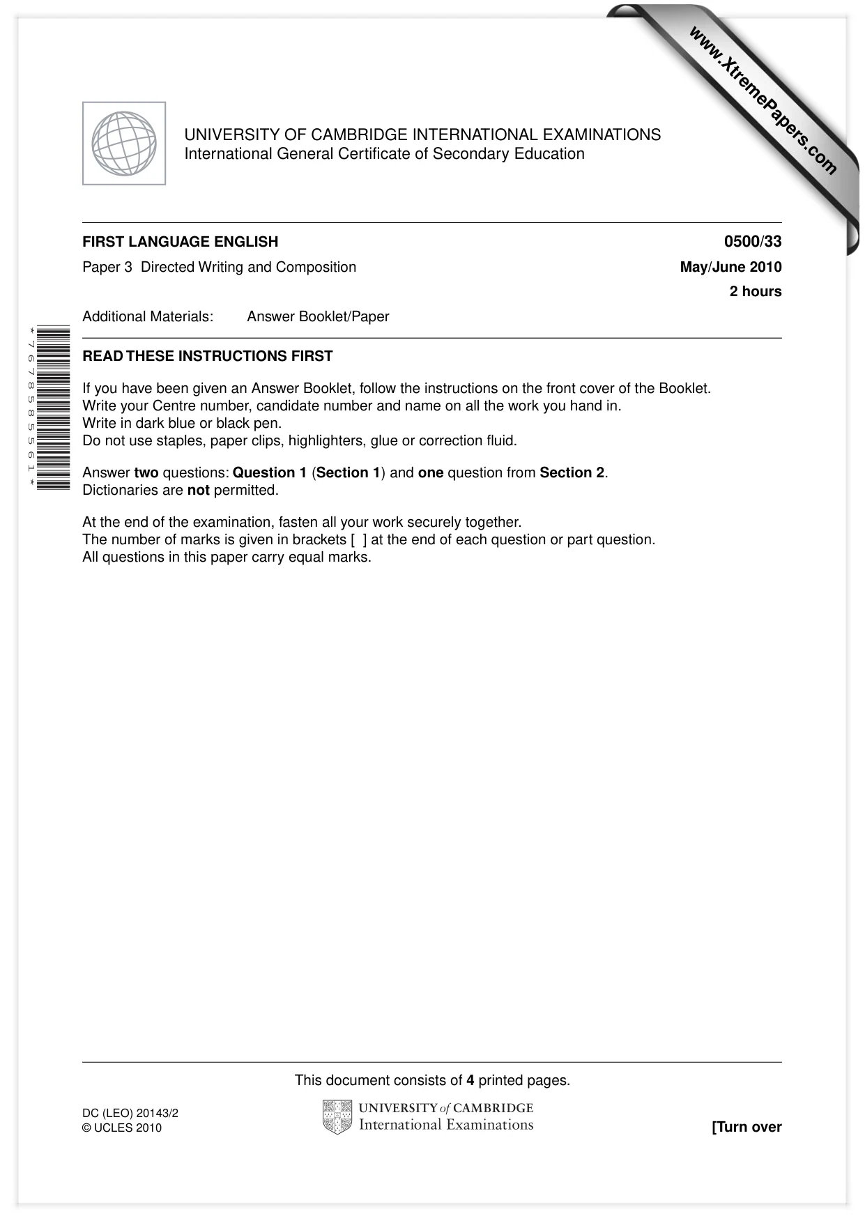 Cambridge IGCSE English - First Language 0500 2010 May/June Paper 3 · Variant 3 question paper, page 1 of 4