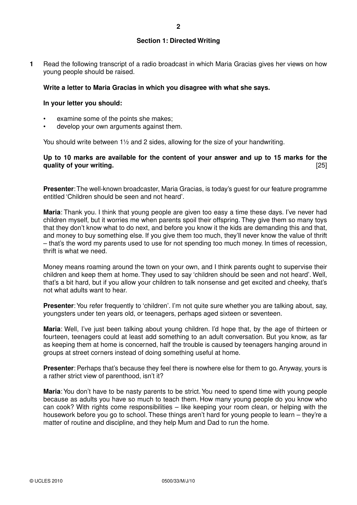 Cambridge IGCSE English - First Language 0500 2010 May/June Paper 3 · Variant 3 question paper, page 2 of 4