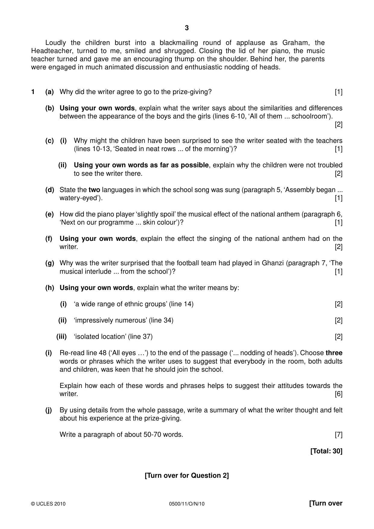 Cambridge IGCSE English - First Language 0500 2010 Oct/Nov Paper 1 · Variant 1 question paper, page 3 of 4
