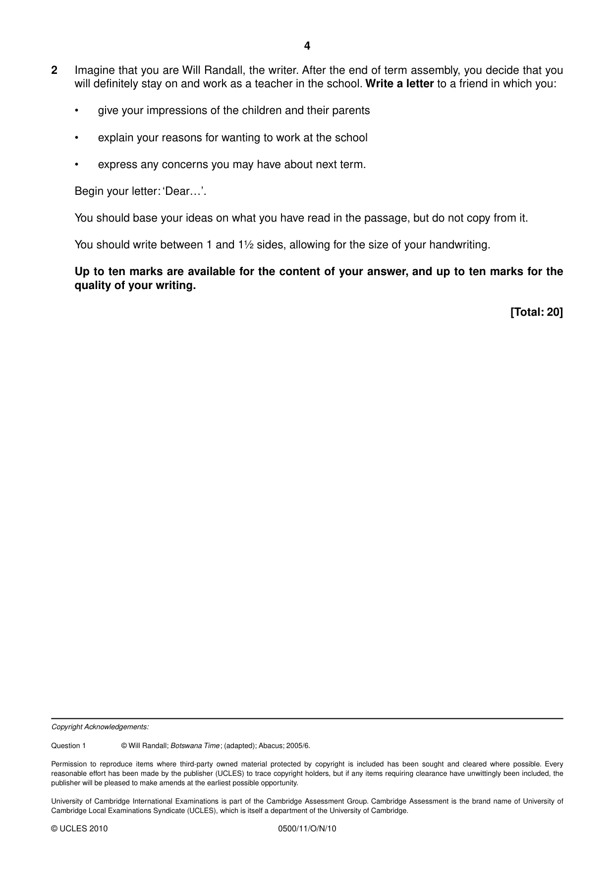 Cambridge IGCSE English - First Language 0500 2010 Oct/Nov Paper 1 · Variant 1 question paper, page 4 of 4