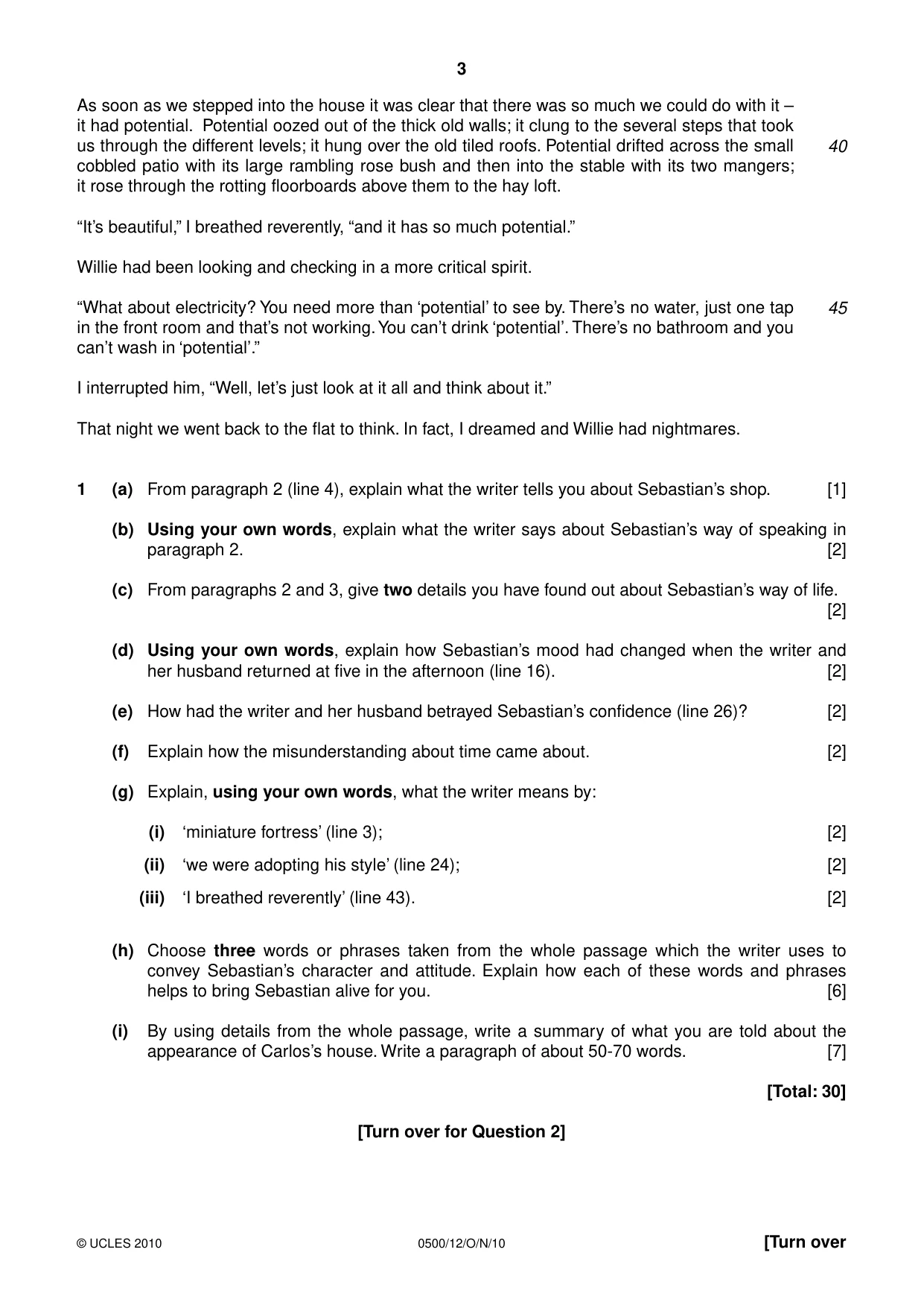 Cambridge IGCSE English - First Language 0500 2010 Oct/Nov Paper 1 · Variant 2 question paper, page 3 of 4