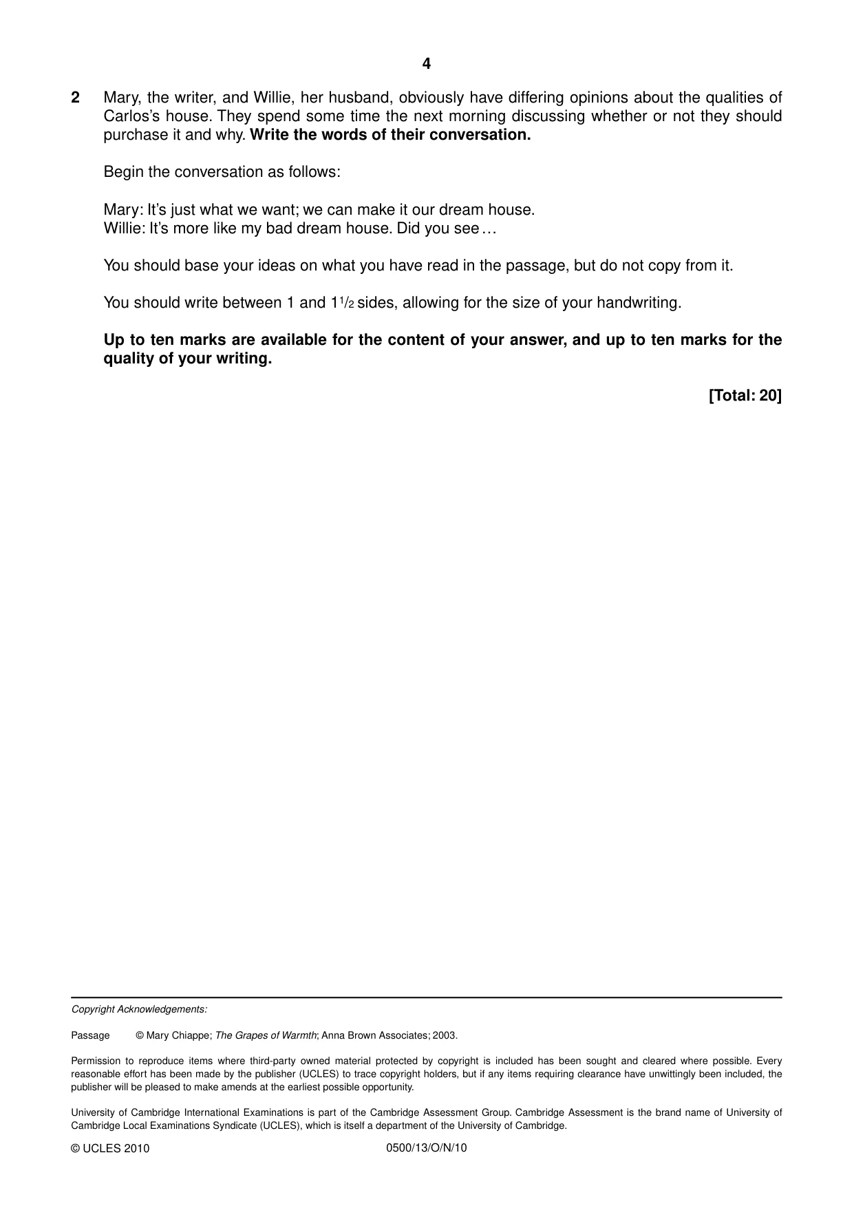 Cambridge IGCSE English - First Language 0500 2010 Oct/Nov Paper 1 · Variant 3 question paper, page 4 of 4
