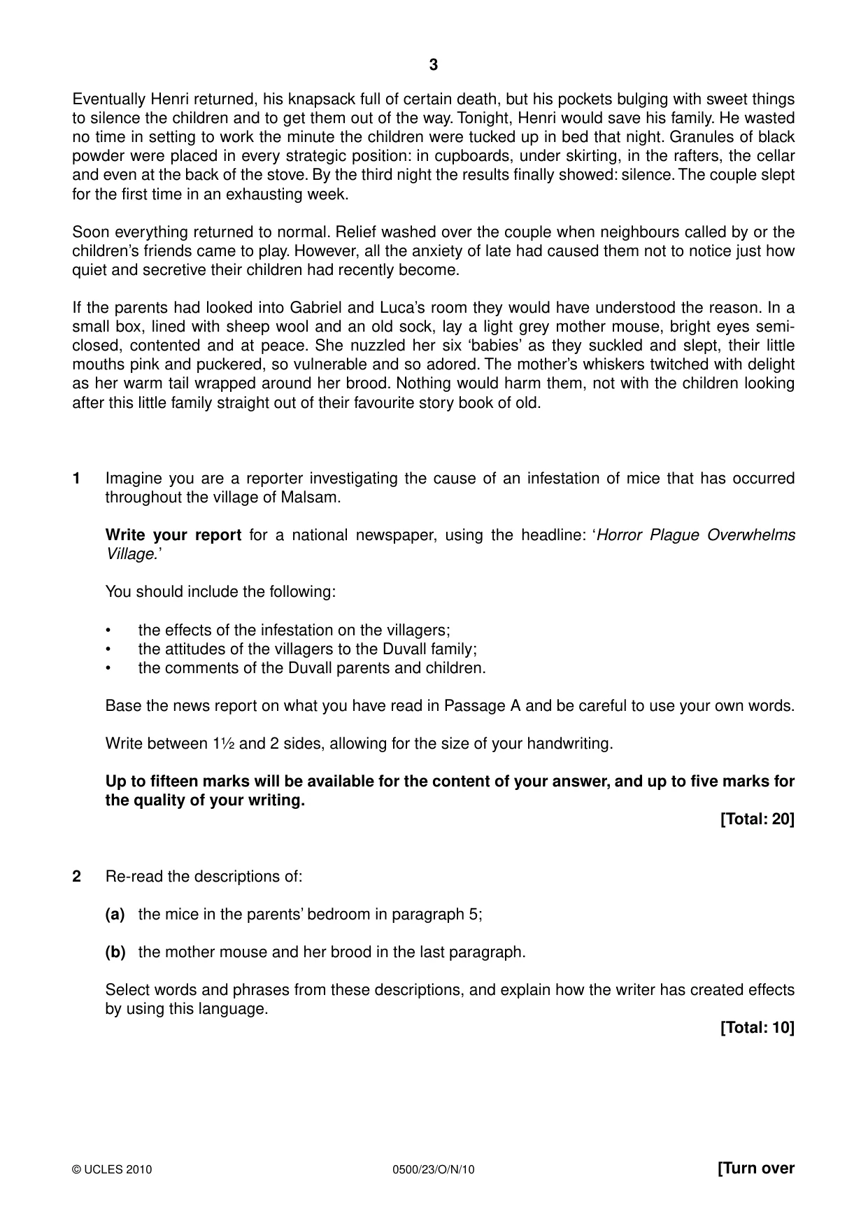 Cambridge IGCSE English - First Language 0500 2010 Oct/Nov Paper 2 · Variant 3 question paper, page 3 of 8