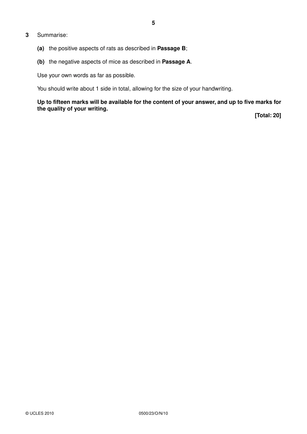 Cambridge IGCSE English - First Language 0500 2010 Oct/Nov Paper 2 · Variant 3 question paper, page 5 of 8