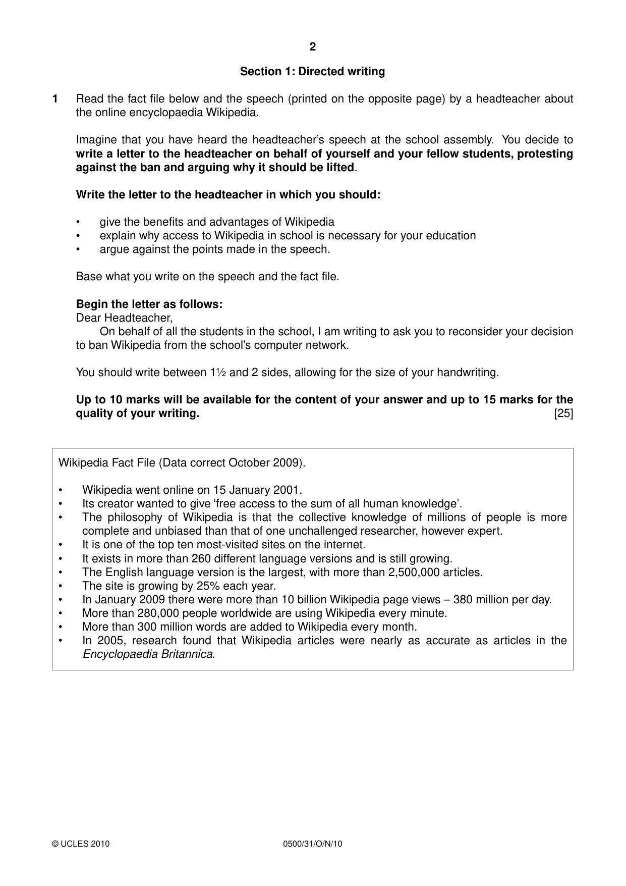 Cambridge IGCSE English - First Language 0500 2010 Oct/Nov Paper 3 · Variant 1 question paper, page 2 of 4