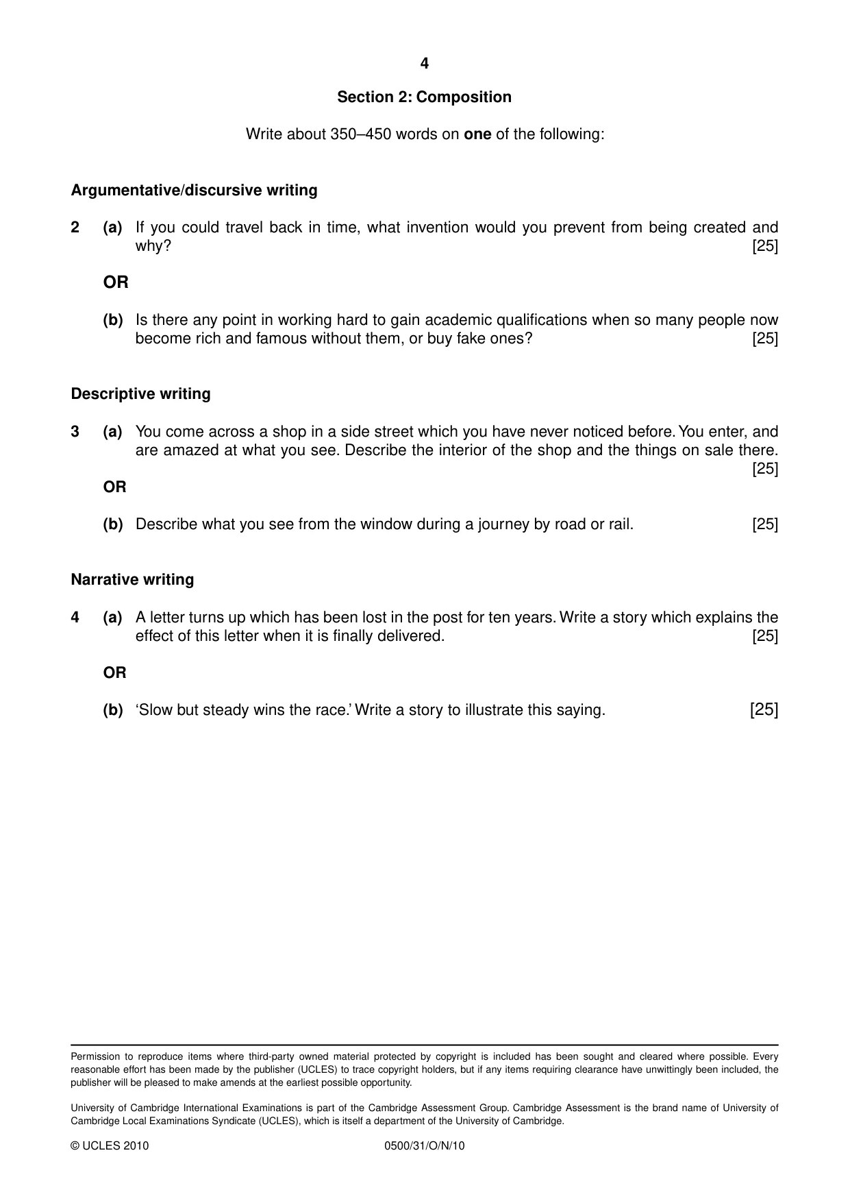 Cambridge IGCSE English - First Language 0500 2010 Oct/Nov Paper 3 · Variant 1 question paper, page 4 of 4
