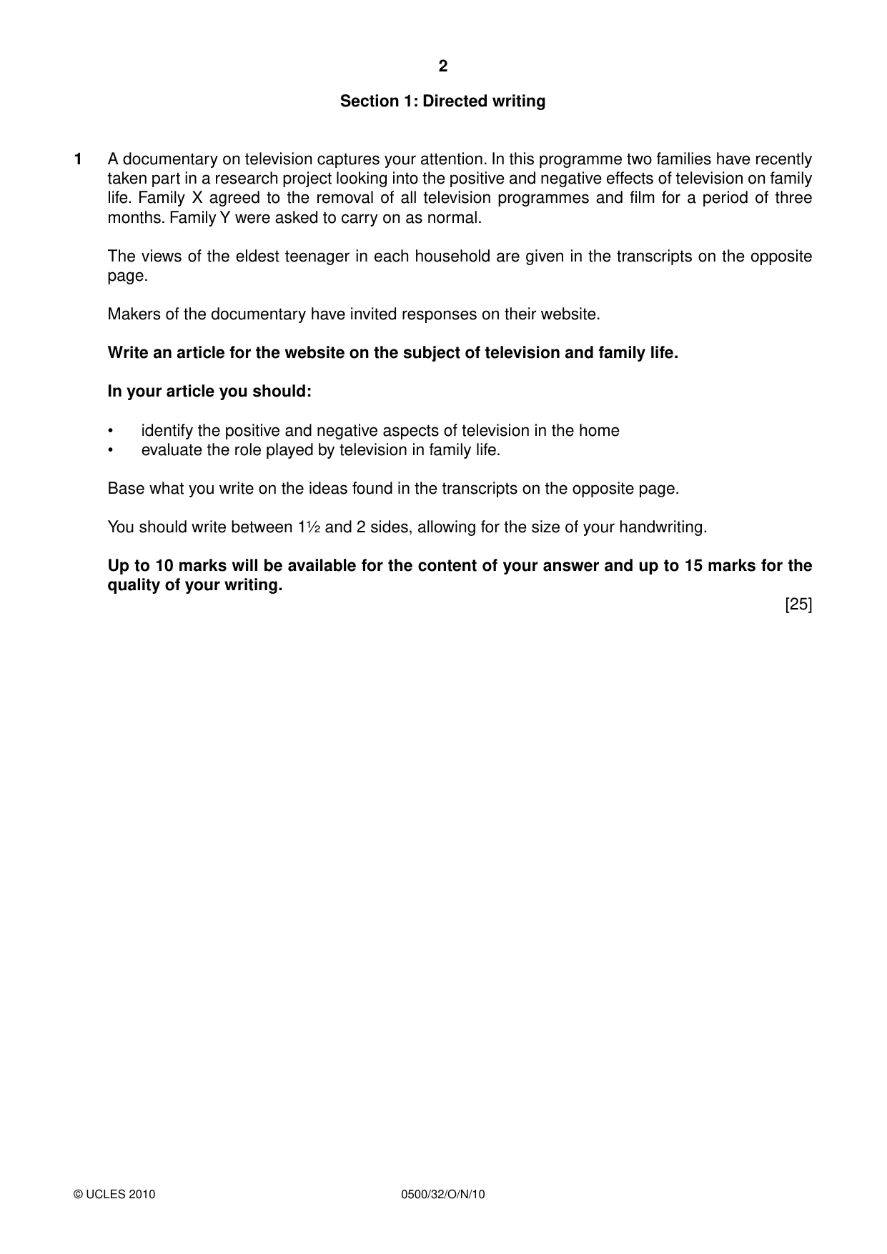 Cambridge IGCSE English - First Language 0500 2010 Oct/Nov Paper 3 · Variant 2 question paper, page 2 of 4