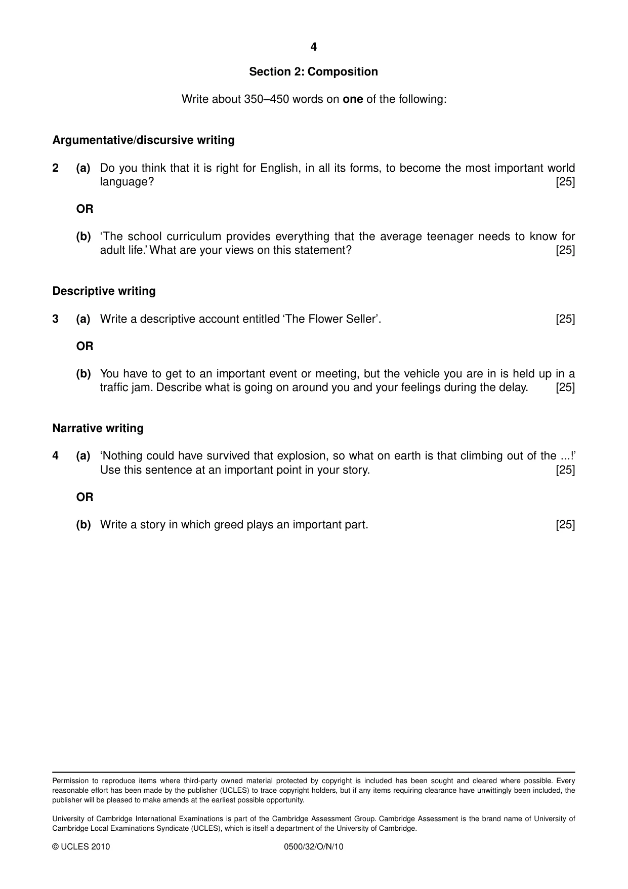 Cambridge IGCSE English - First Language 0500 2010 Oct/Nov Paper 3 · Variant 2 question paper, page 4 of 4