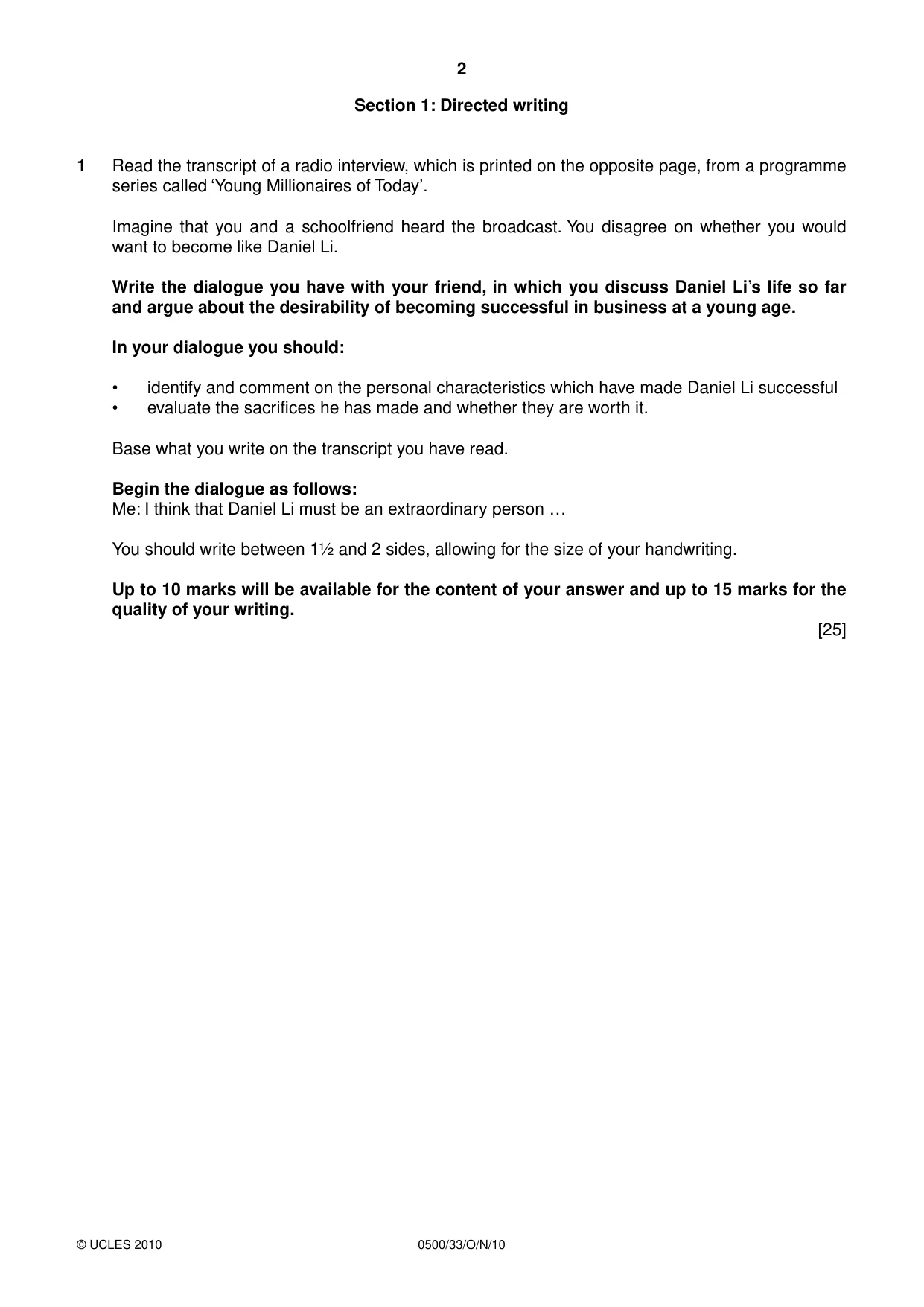 Cambridge IGCSE English - First Language 0500 2010 Oct/Nov Paper 3 · Variant 3 question paper, page 2 of 4