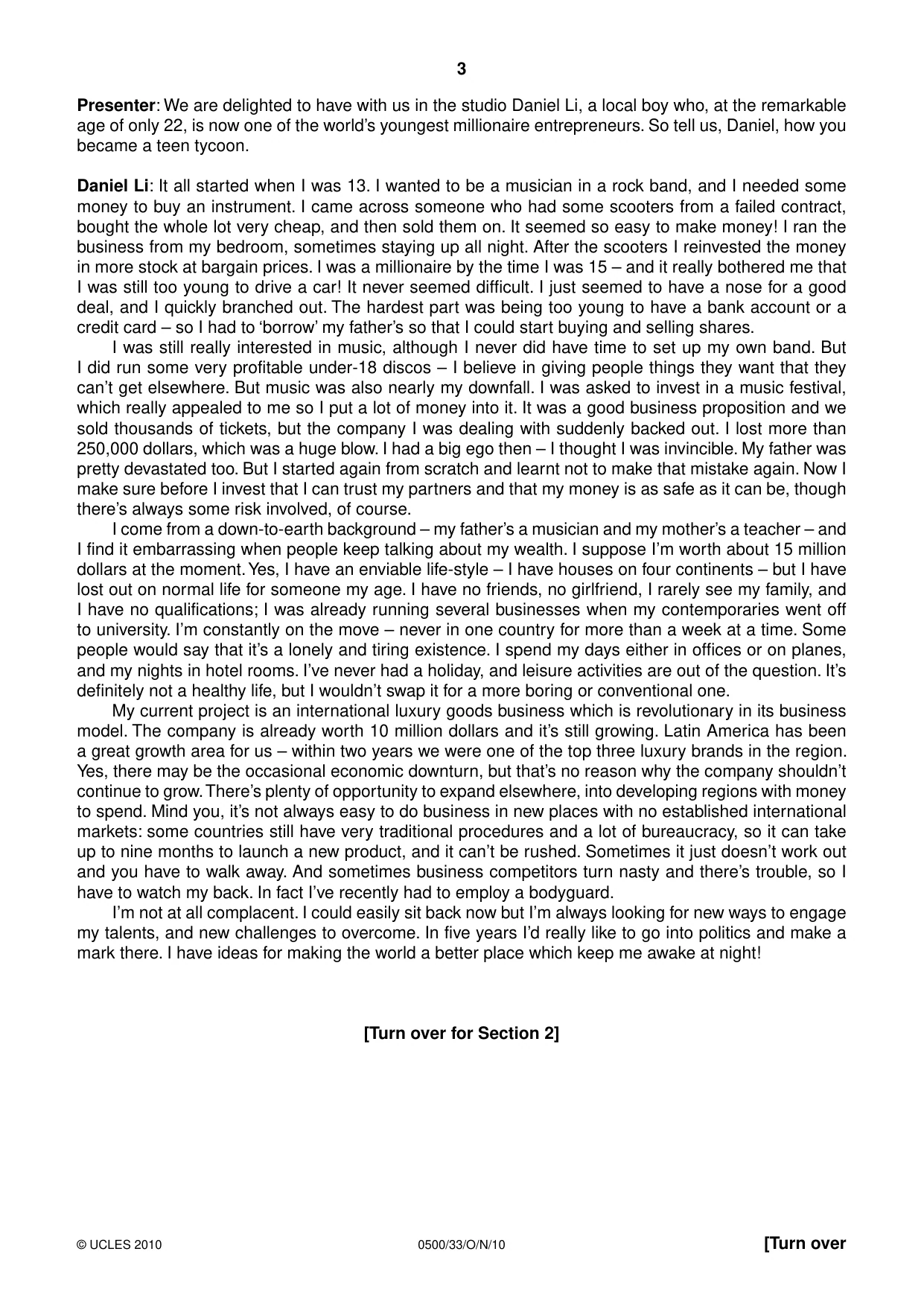 Cambridge IGCSE English - First Language 0500 2010 Oct/Nov Paper 3 · Variant 3 question paper, page 3 of 4