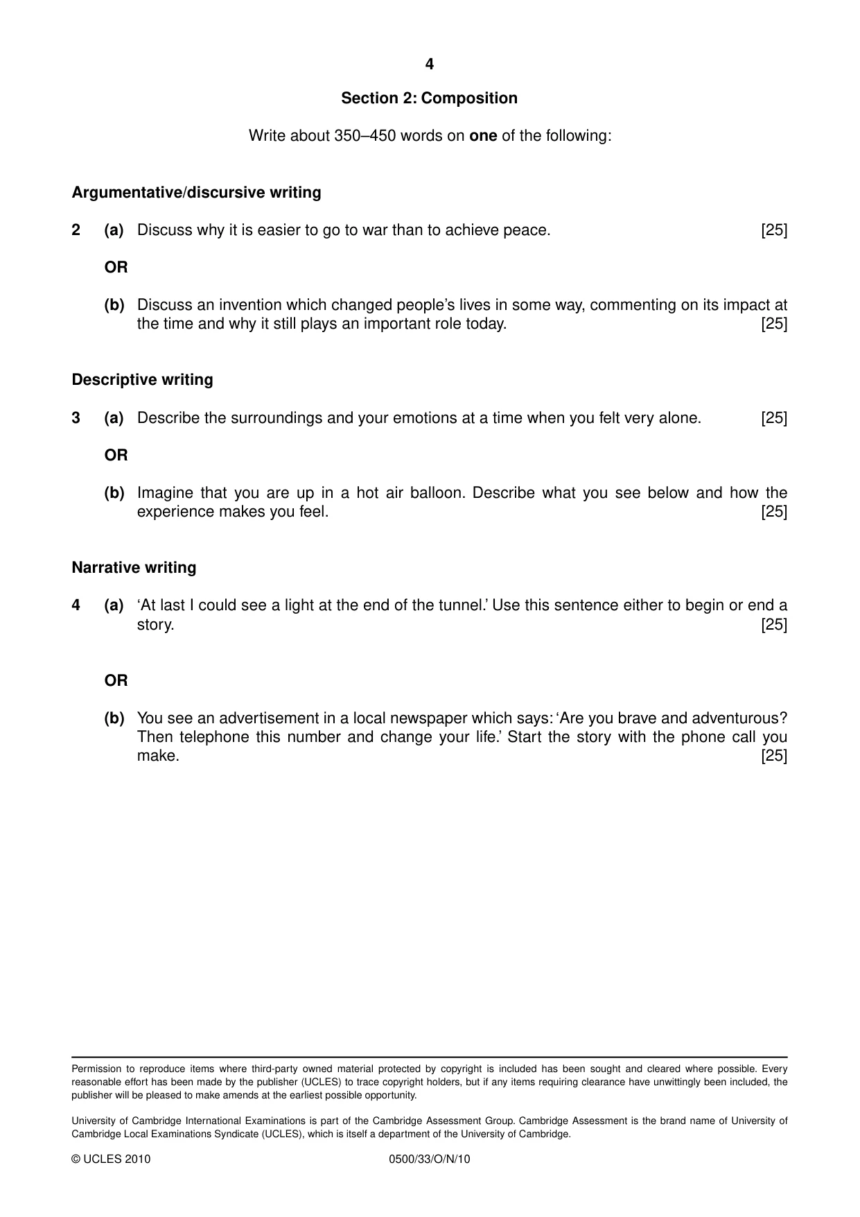 Cambridge IGCSE English - First Language 0500 2010 Oct/Nov Paper 3 · Variant 3 question paper, page 4 of 4