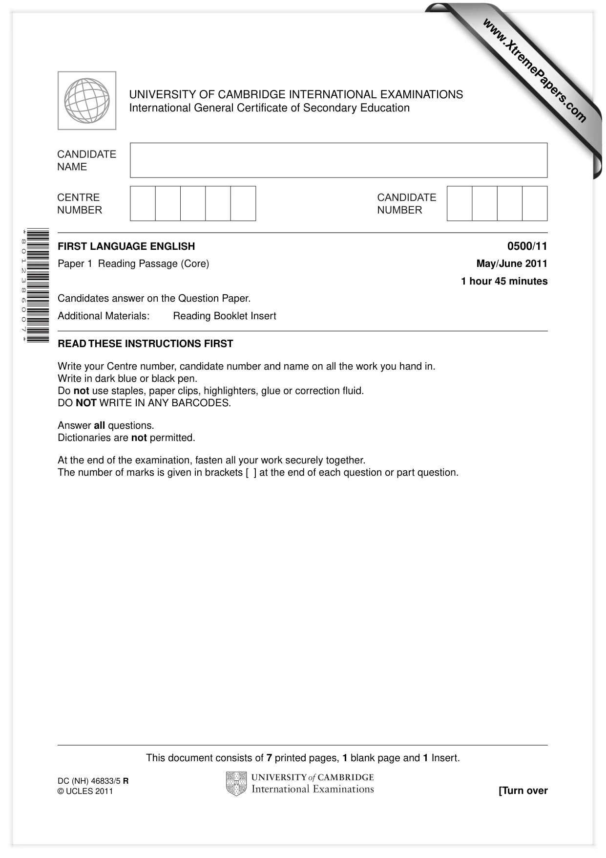 Cambridge IGCSE English - First Language 0500 2011 May/June Paper 1 · Variant 1 question paper, page 1 of 8
