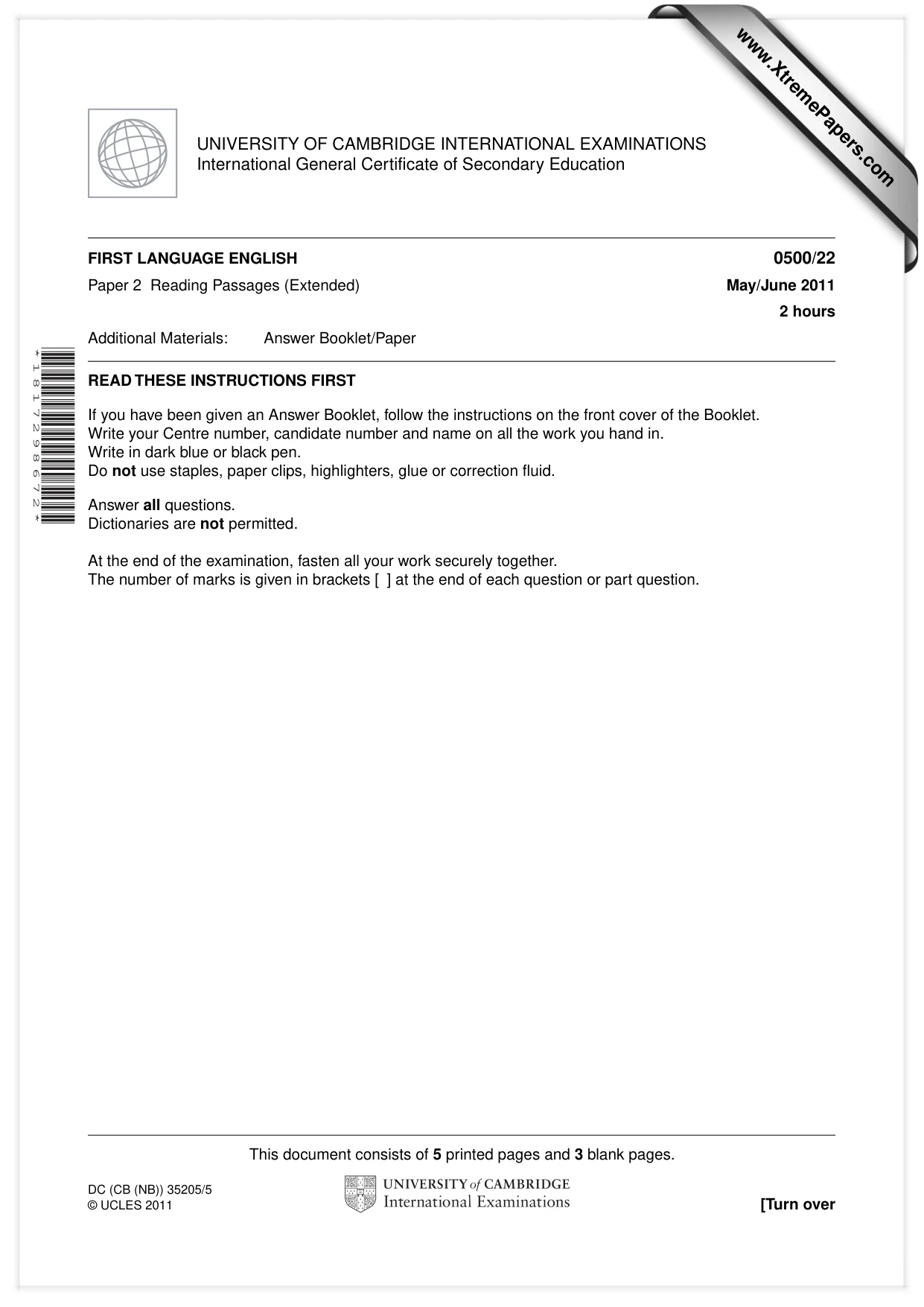 Cambridge IGCSE English - First Language 0500 2011 May/June Paper 2 · Variant 2 question paper, page 1 of 8