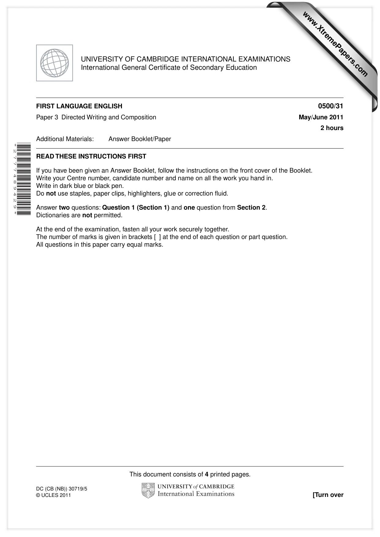 Cambridge IGCSE English - First Language 0500 2011 May/June Paper 3 · Variant 1 question paper, page 1 of 4