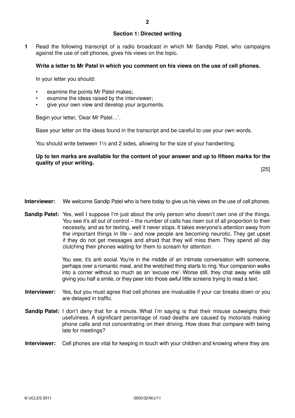 Cambridge IGCSE English - First Language 0500 2011 May/June Paper 3 · Variant 2 question paper, page 2 of 4