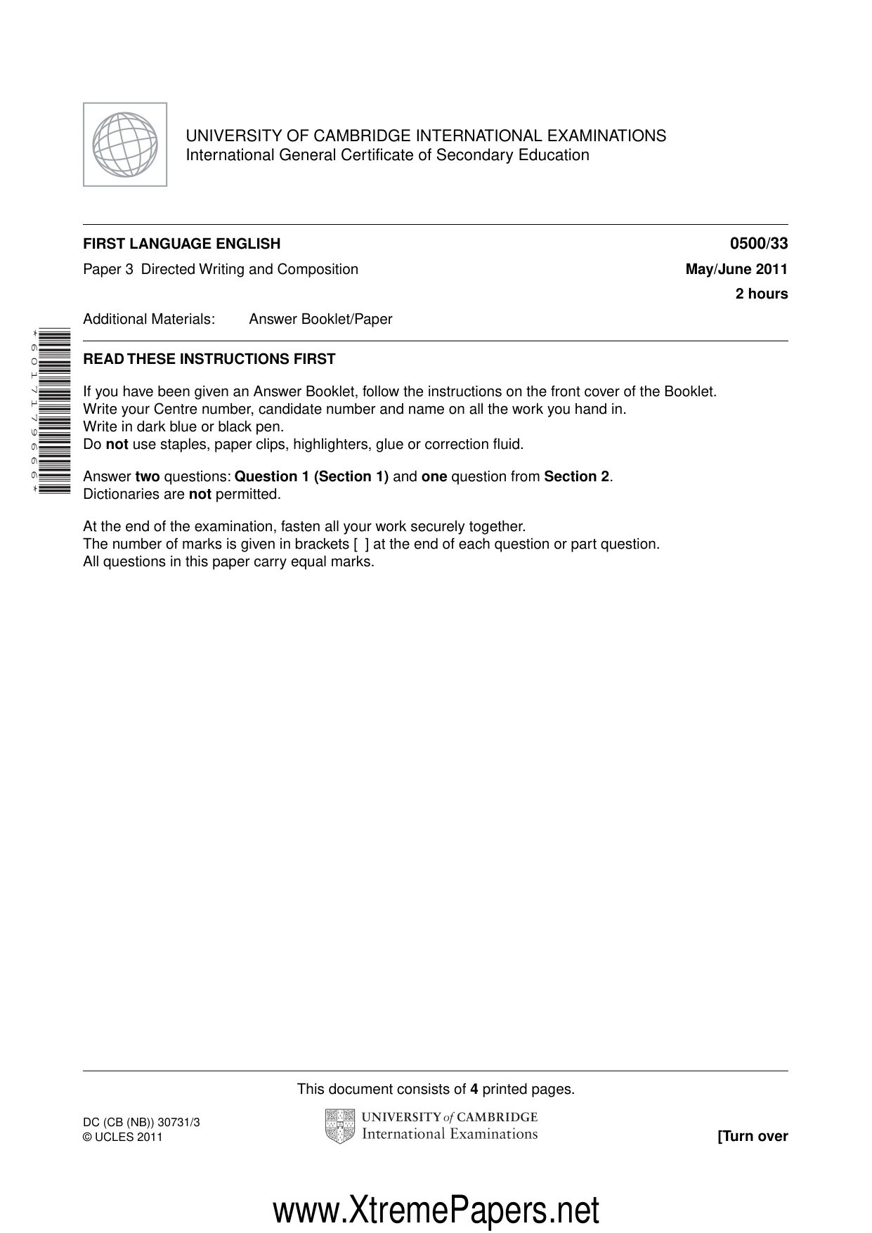 Cambridge IGCSE English - First Language 0500 2011 May/June Paper 3 · Variant 3 question paper, page 1 of 4