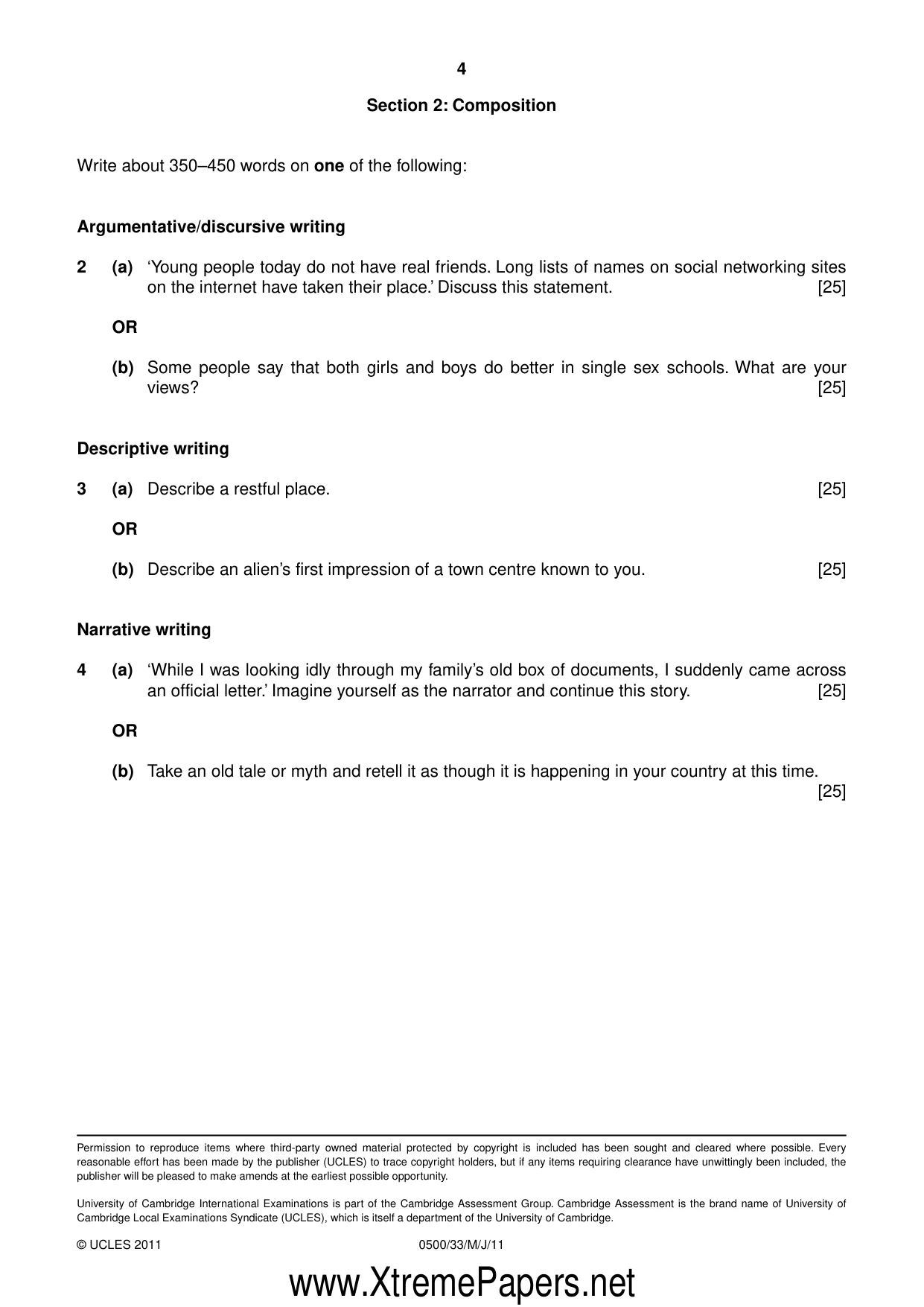 Cambridge IGCSE English - First Language 0500 2011 May/June Paper 3 · Variant 3 question paper, page 4 of 4
