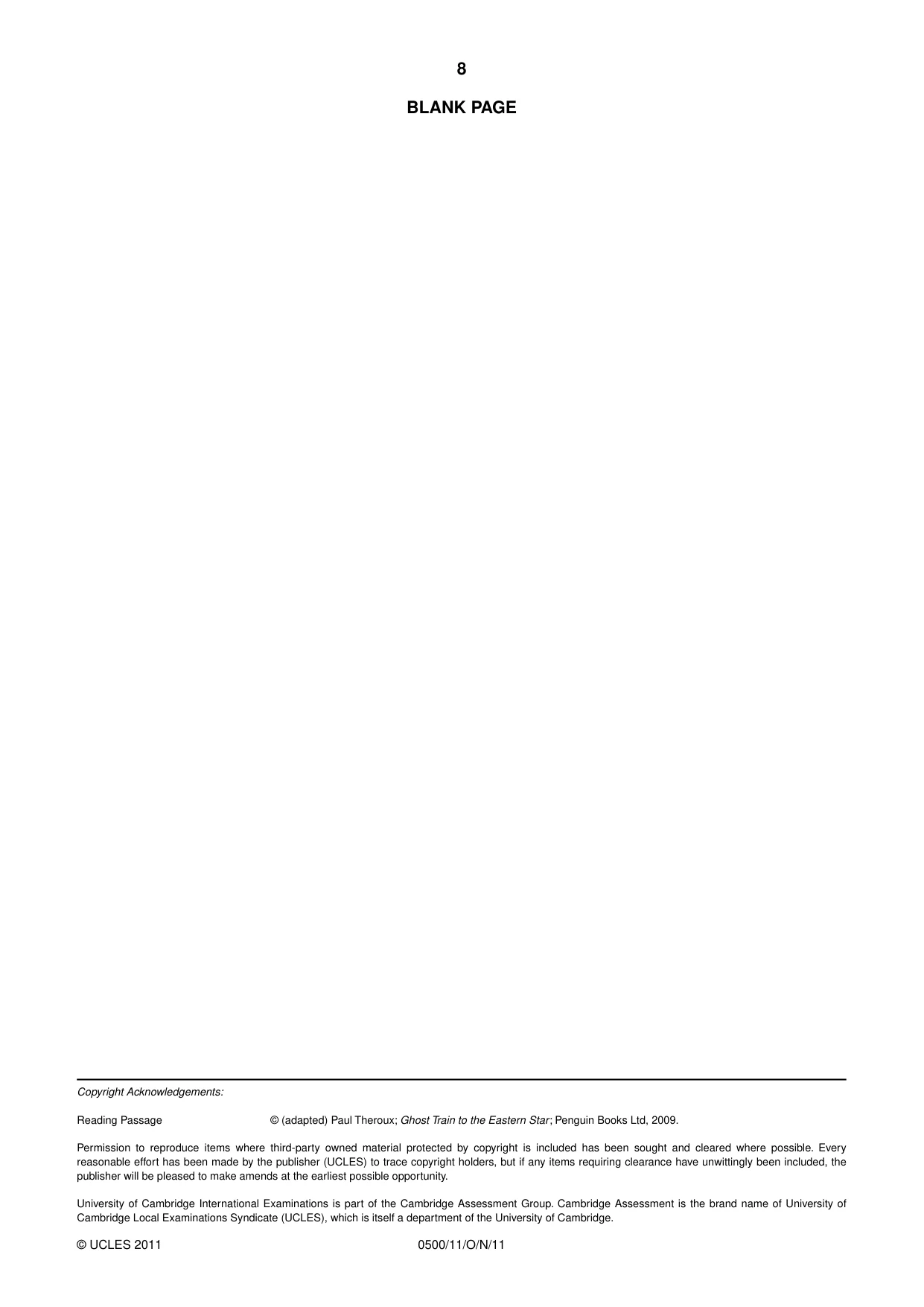 Cambridge IGCSE English - First Language 0500 2011 Oct/Nov Paper 1 · Variant 1 question paper, page 8 of 8