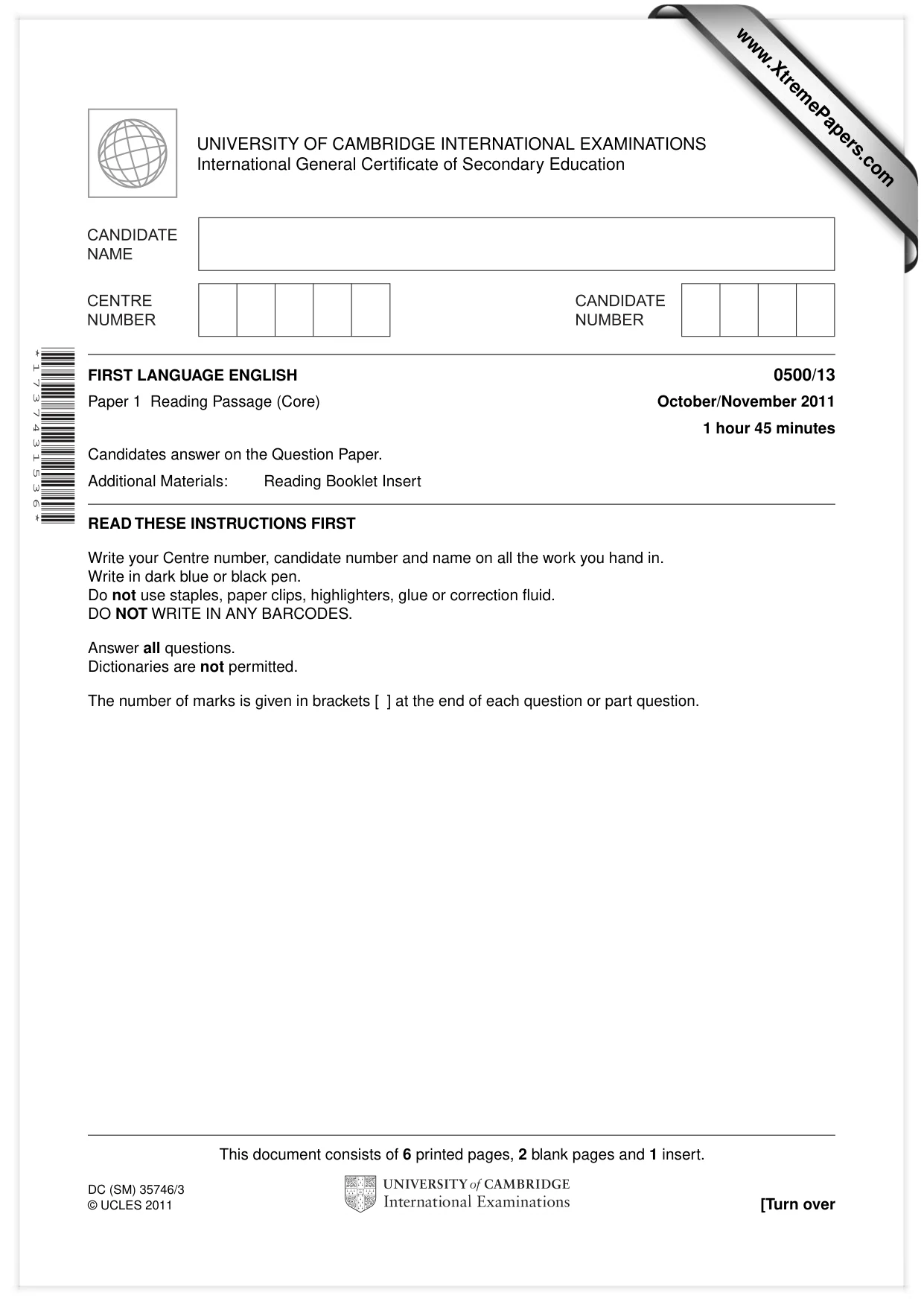 Cambridge IGCSE English - First Language 0500 2011 Oct/Nov Paper 1 · Variant 3 question paper, page 1 of 8