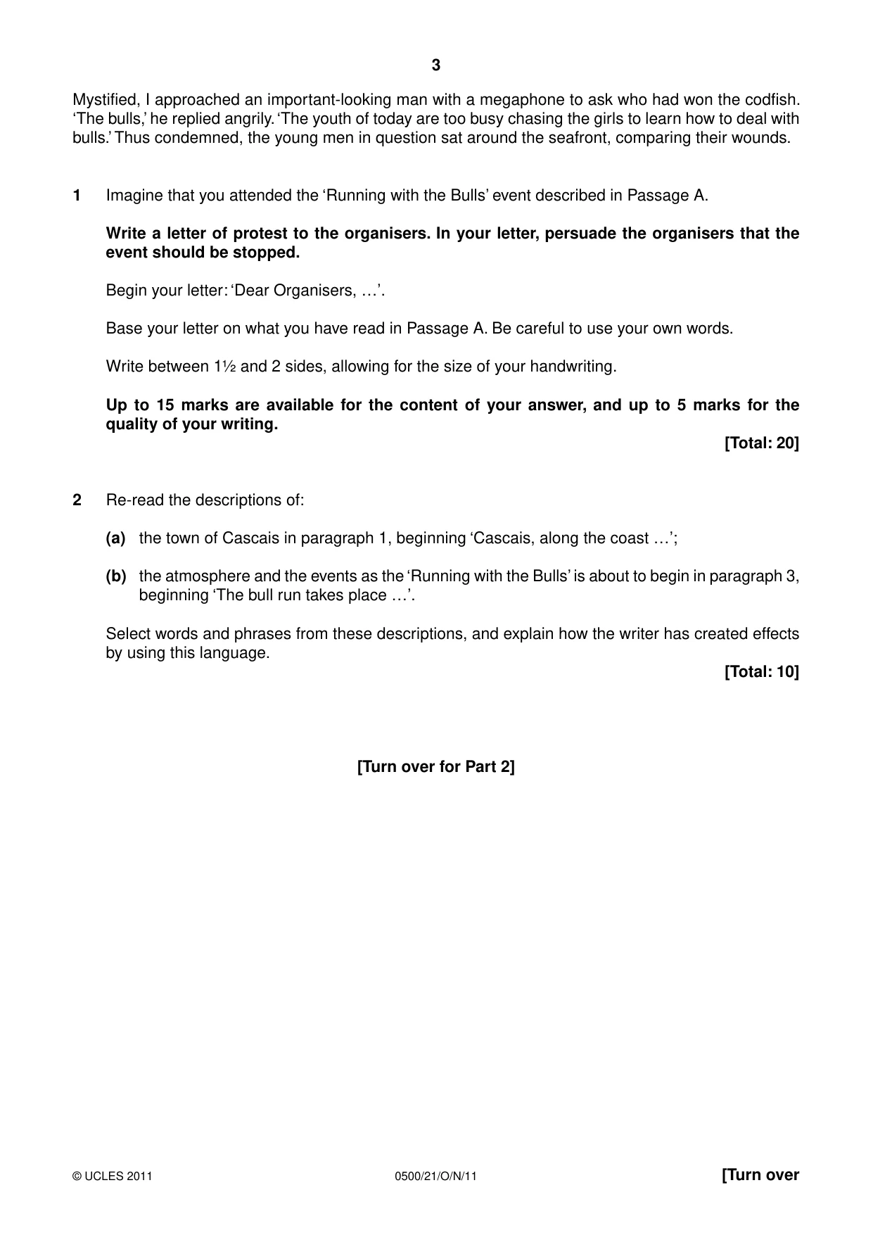 Cambridge IGCSE English - First Language 0500 2011 Oct/Nov Paper 2 · Variant 1 question paper, page 3 of 8