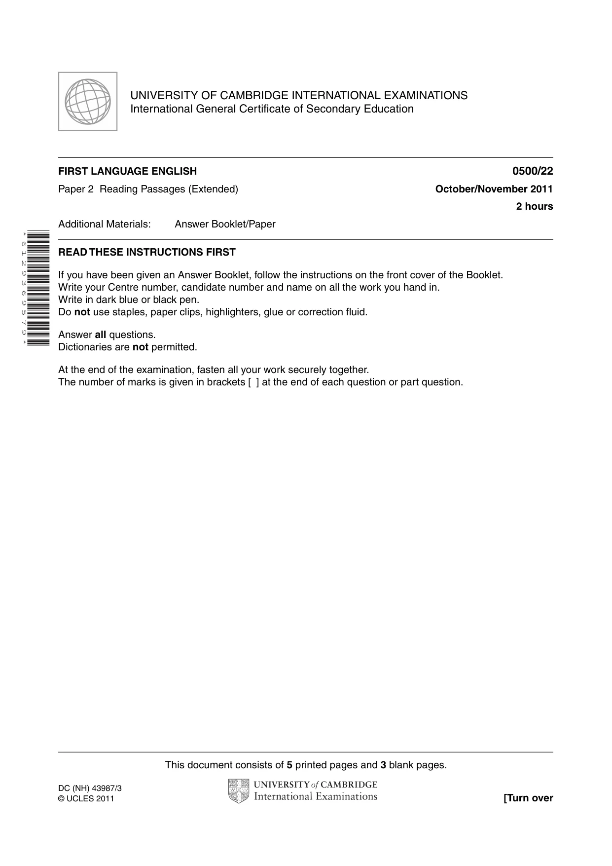 Cambridge IGCSE English - First Language 0500 2011 Oct/Nov Paper 2 · Variant 2 question paper, page 1 of 8