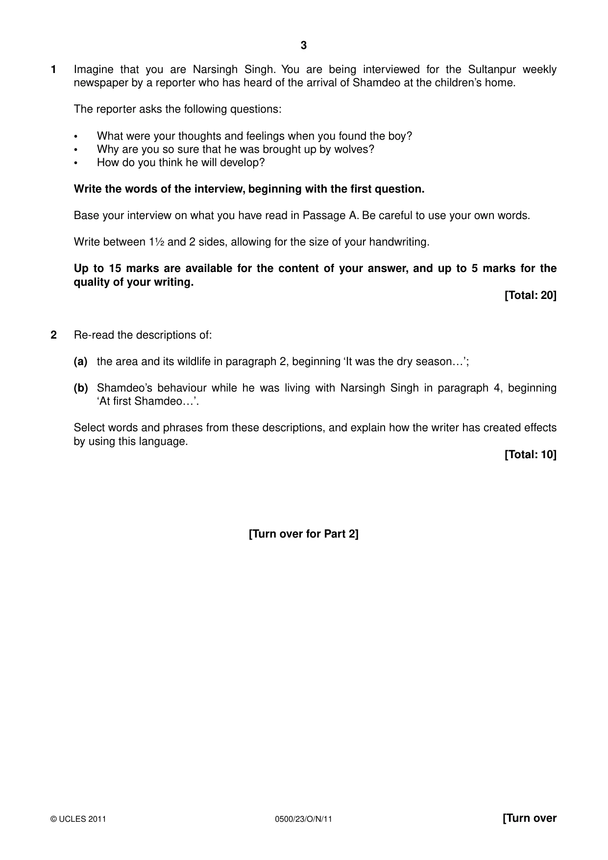 Cambridge IGCSE English - First Language 0500 2011 Oct/Nov Paper 2 · Variant 3 question paper, page 3 of 8
